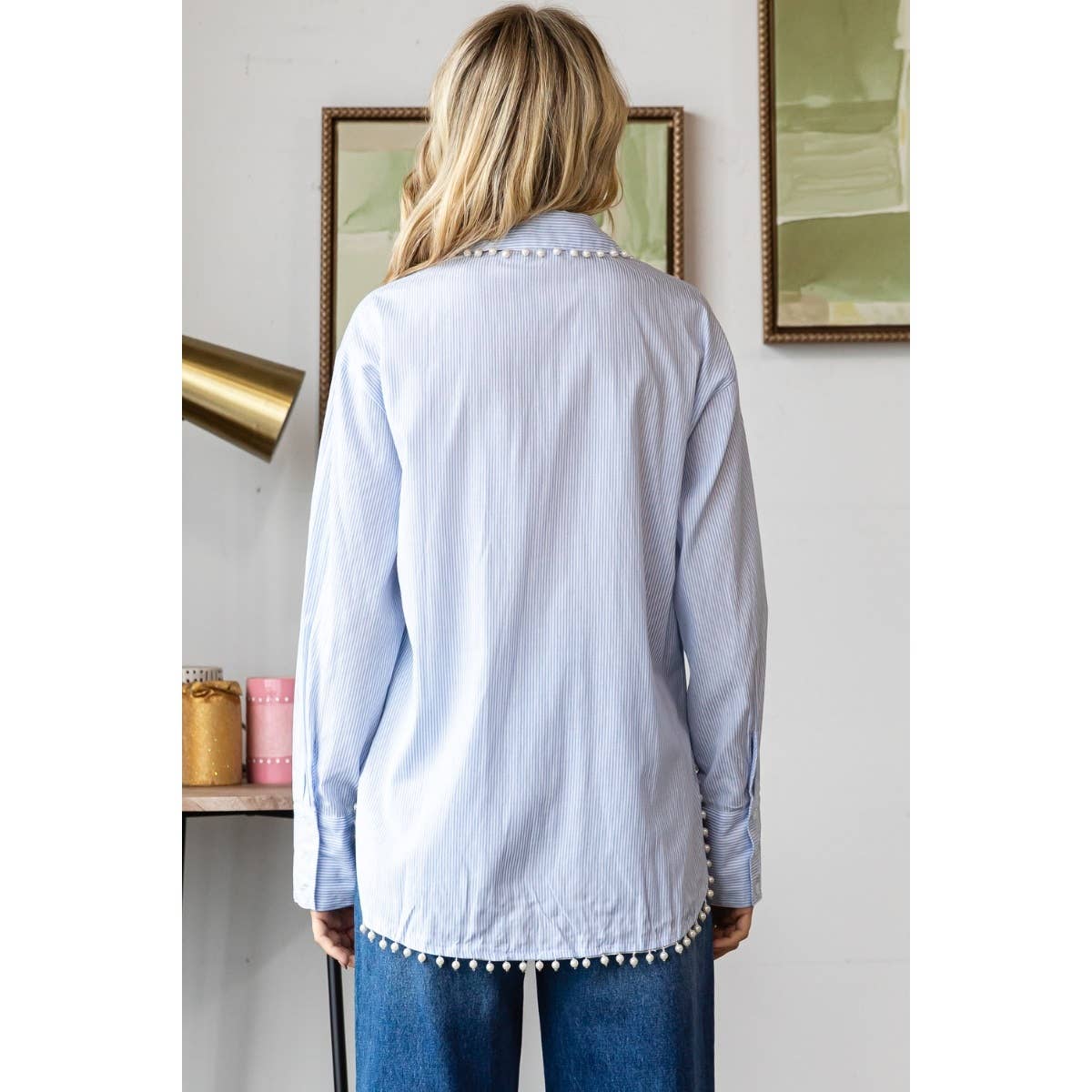Pin stripe pearl trim dress shirt