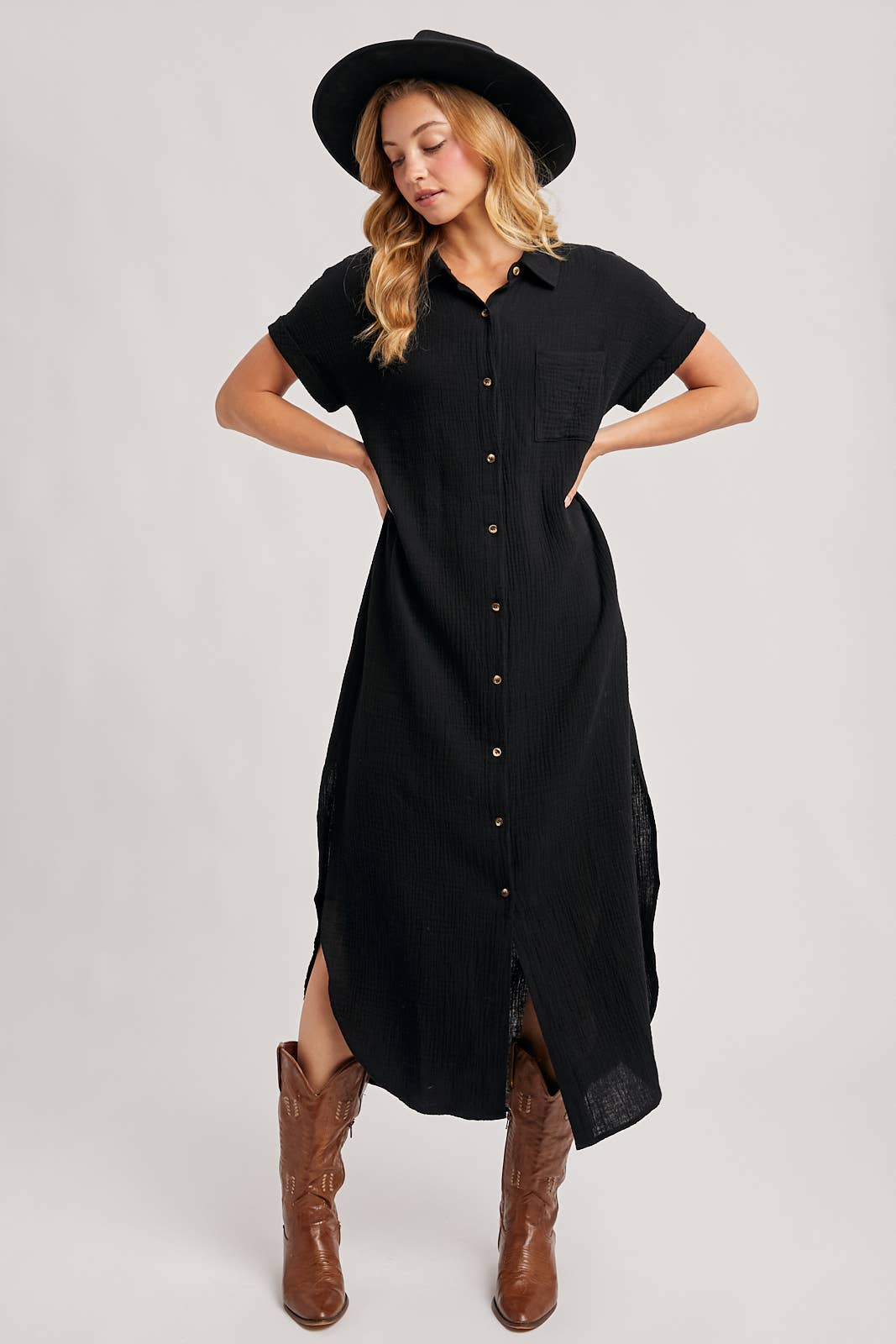 BUTTON UP MAXI SHIRT DRESS WITH POCKET