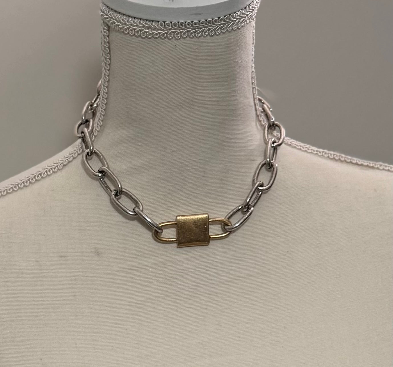 Cherry Chunky Linked Padlock Statement Necklace in Two Tone