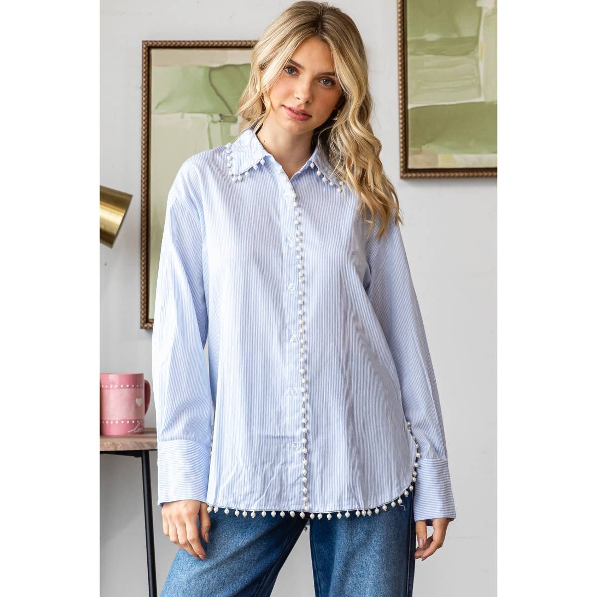 Pin stripe pearl trim dress shirt