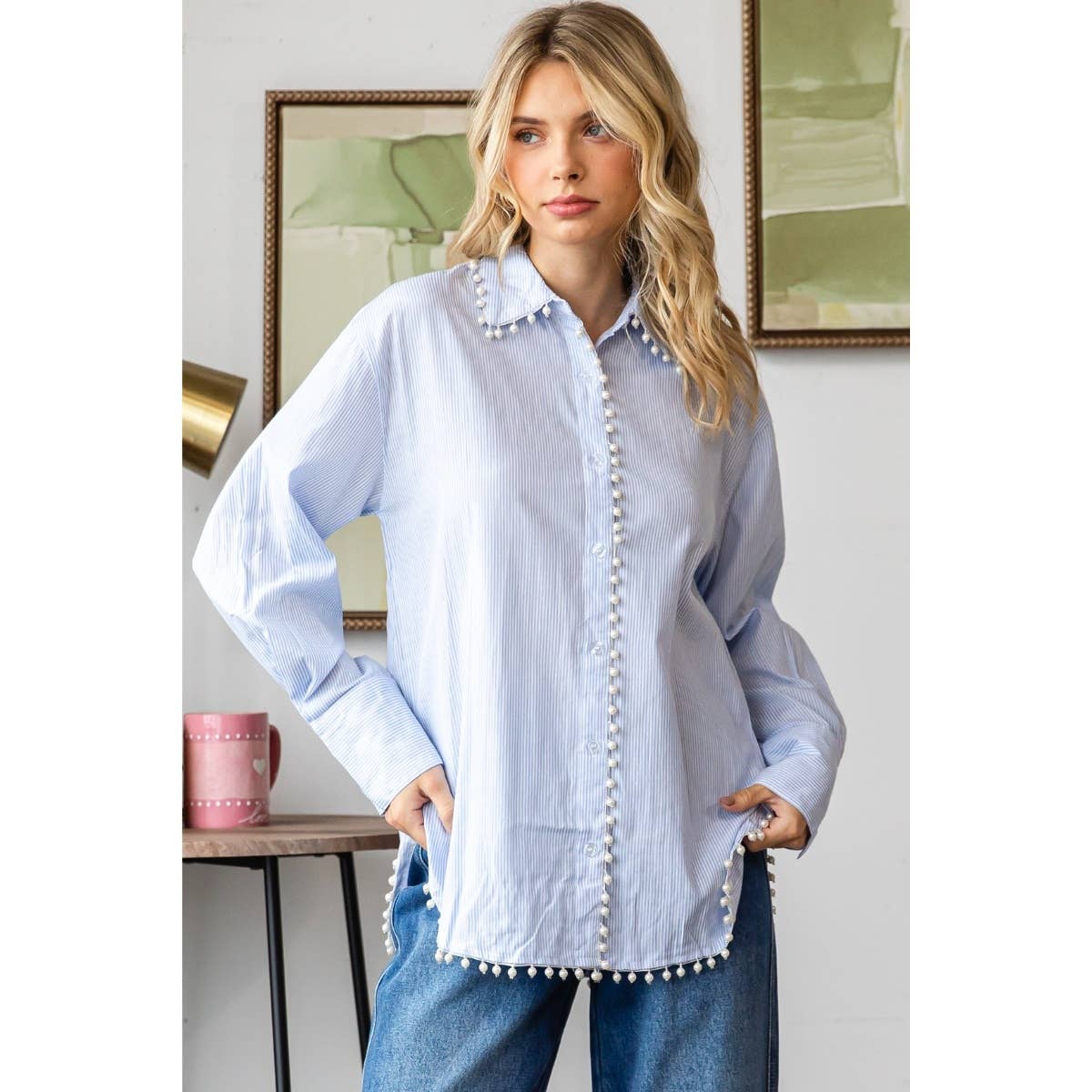Pin stripe pearl trim dress shirt