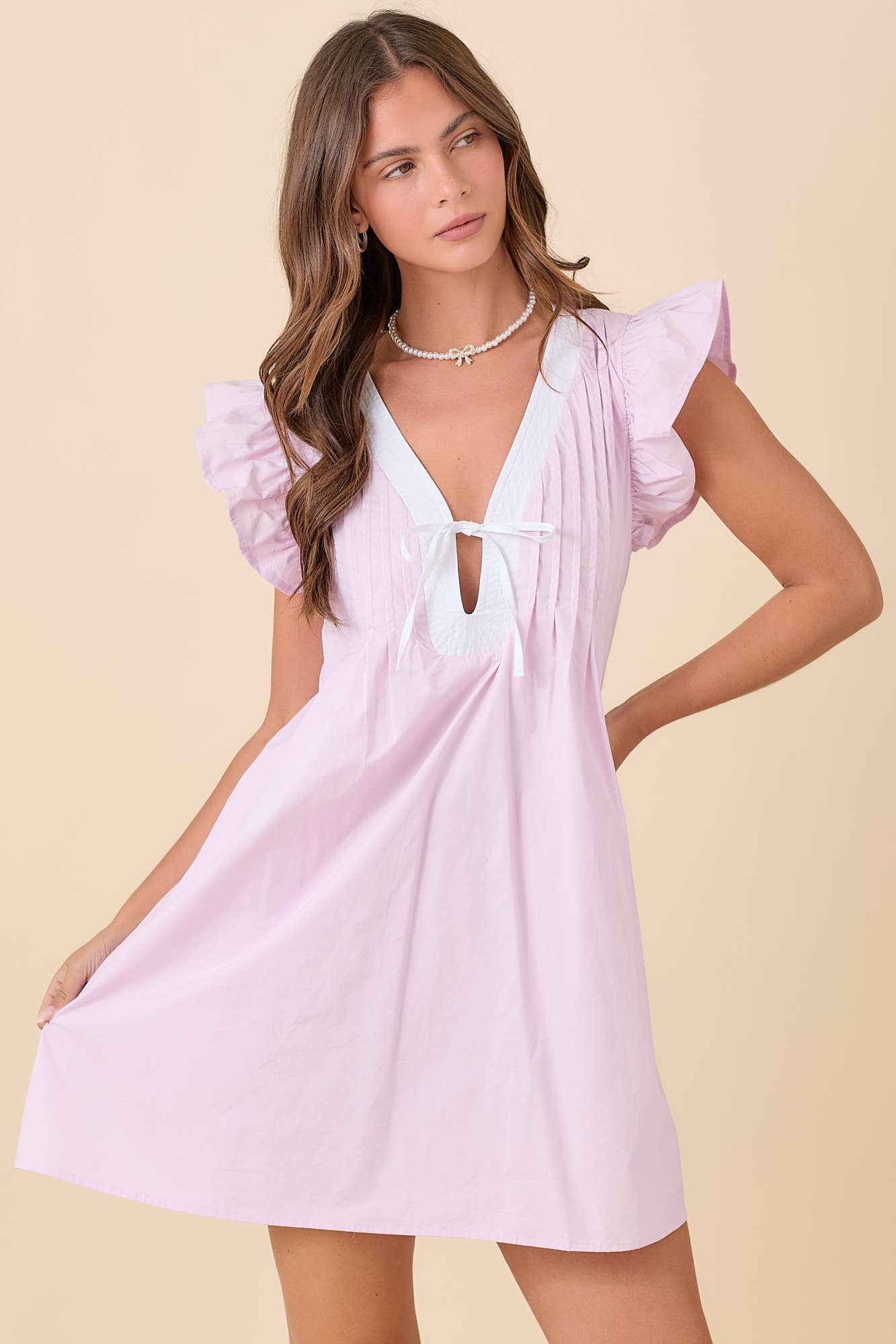 Ruffle Sleeve Summer Mini Dress With Pin Tuck