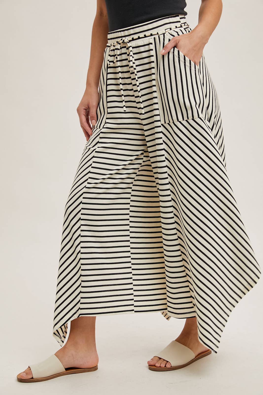 DRAWSTRING STRIPED WIDE LEG PALAZZO PANTS
