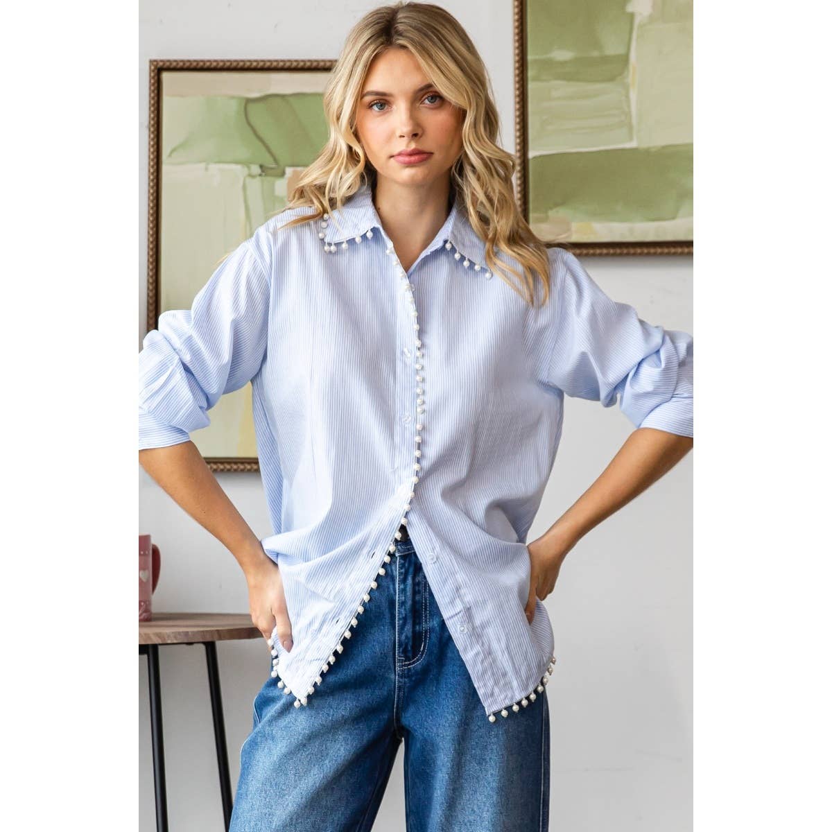 Pin stripe pearl trim dress shirt