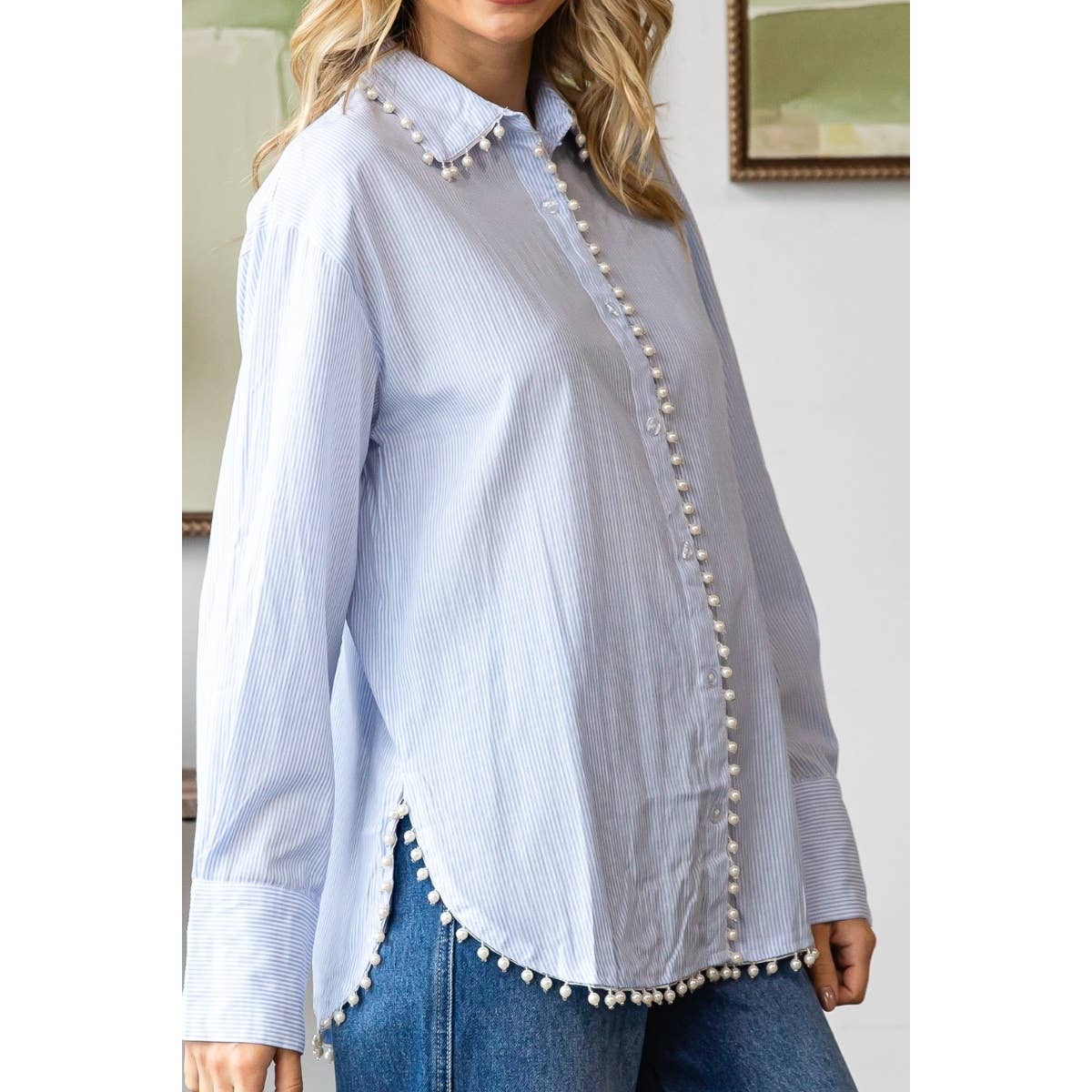 Pin stripe pearl trim dress shirt