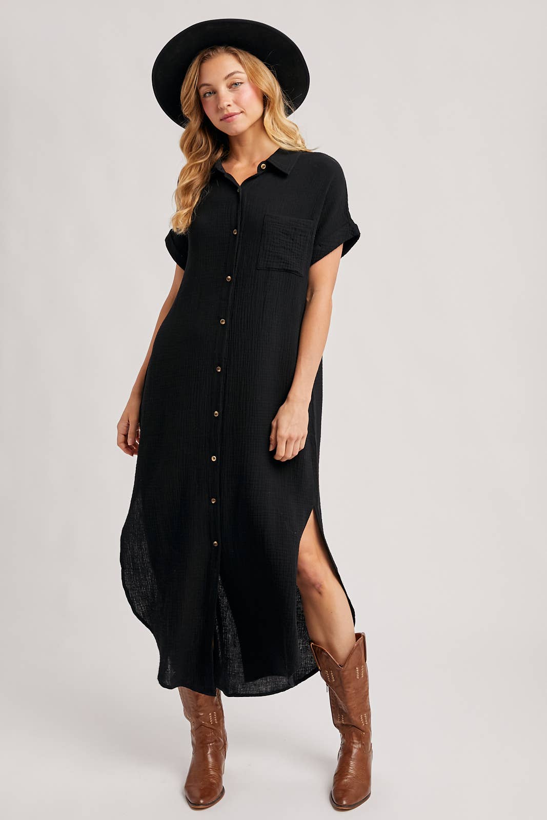 BUTTON UP MAXI SHIRT DRESS WITH POCKET