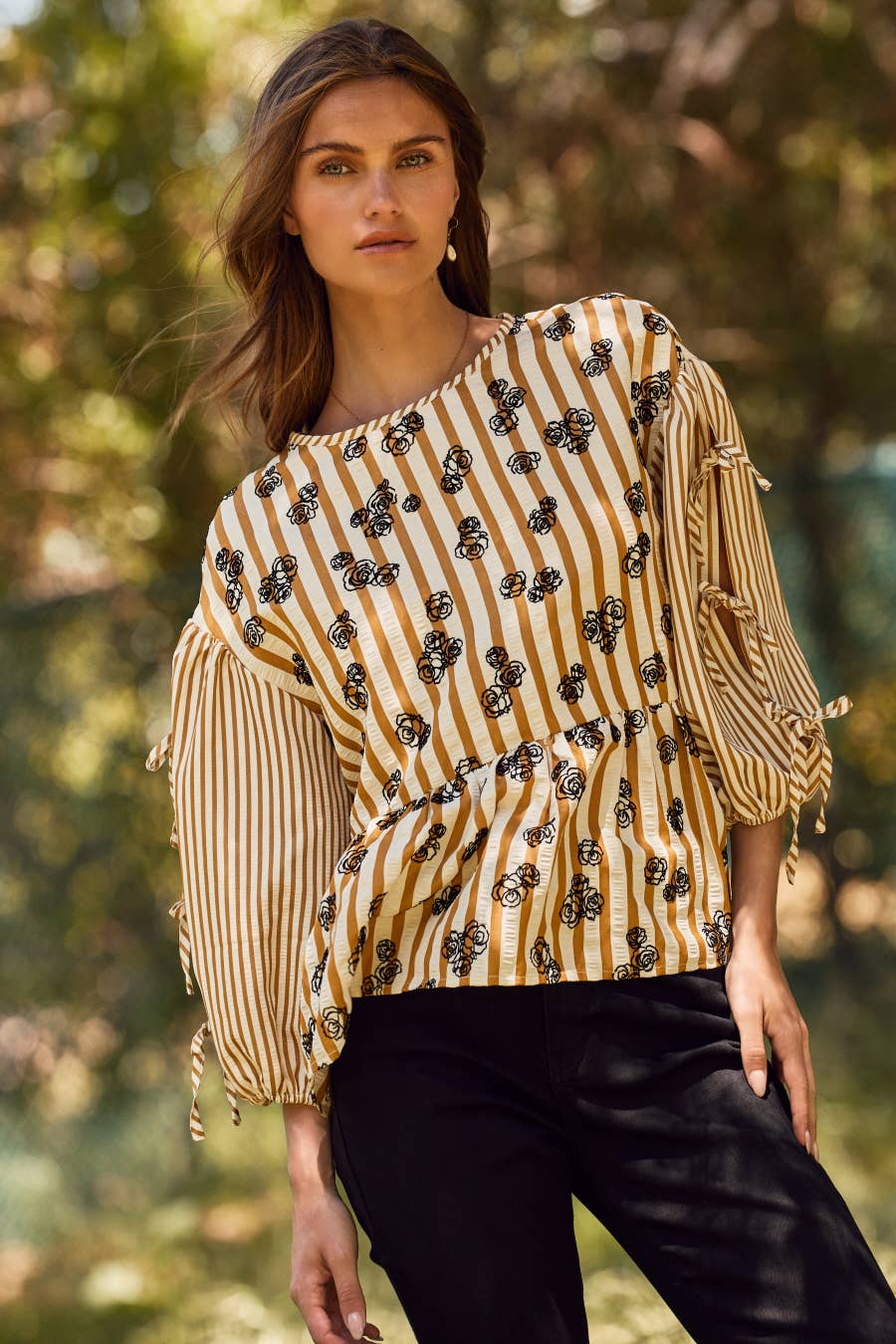 Flocked Floral Printed Striped Peplum Top