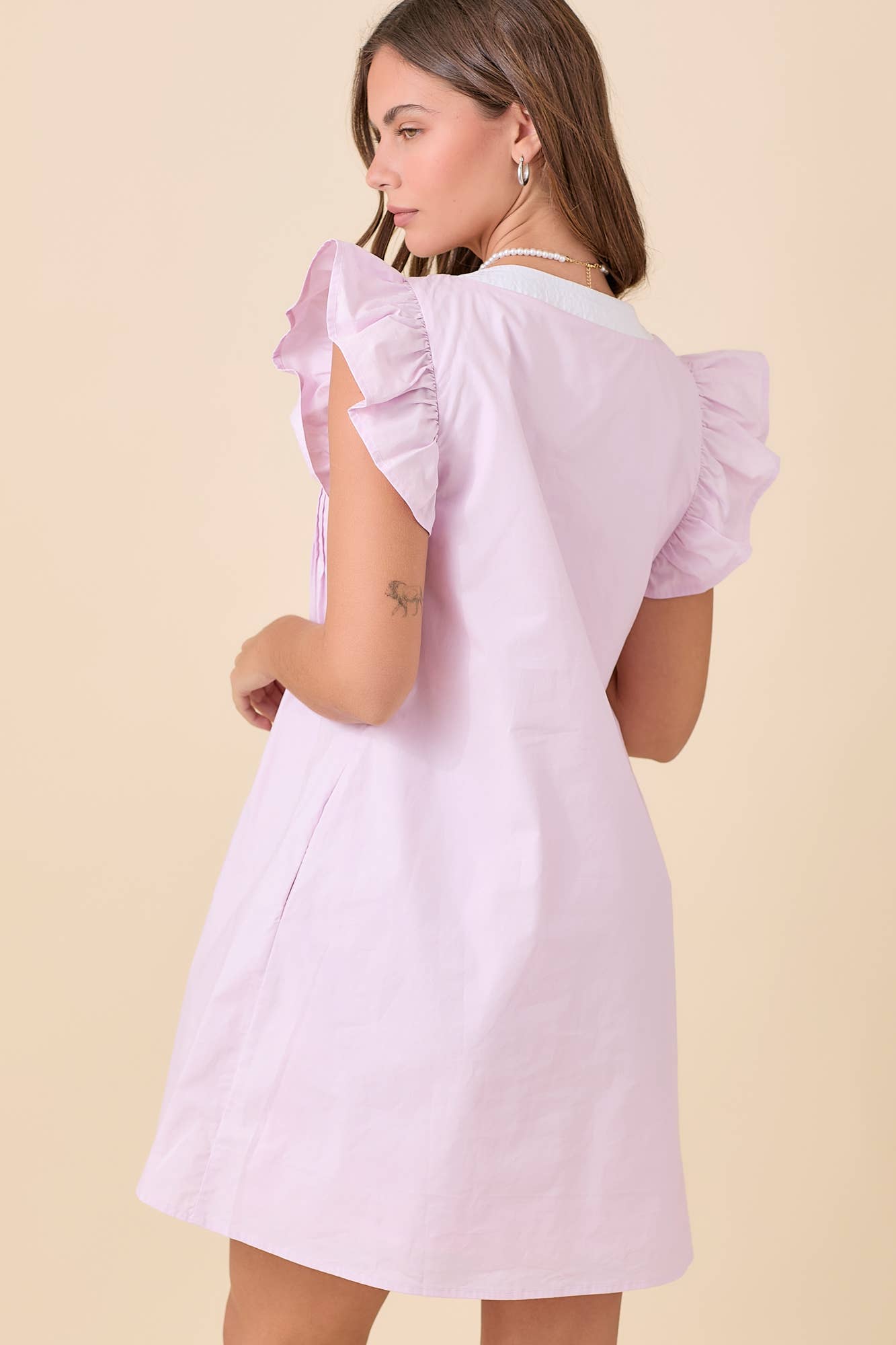 Ruffle Sleeve Summer Mini Dress With Pin Tuck