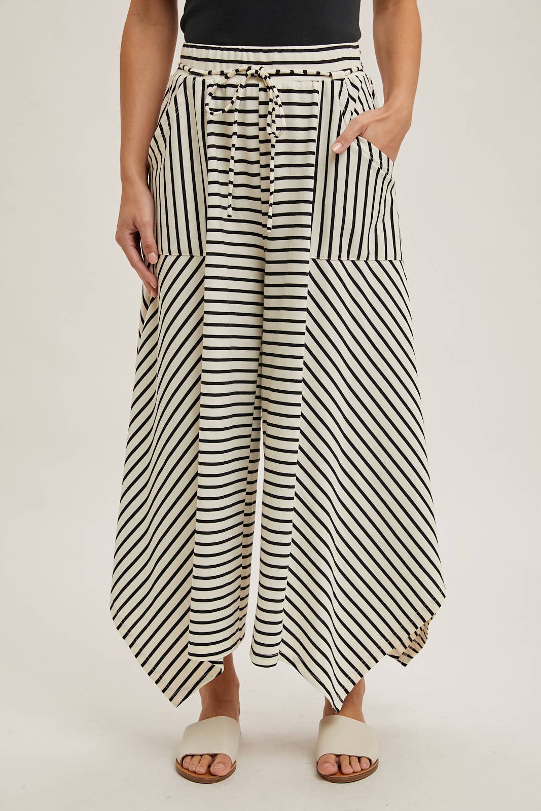 DRAWSTRING STRIPED WIDE LEG PALAZZO PANTS