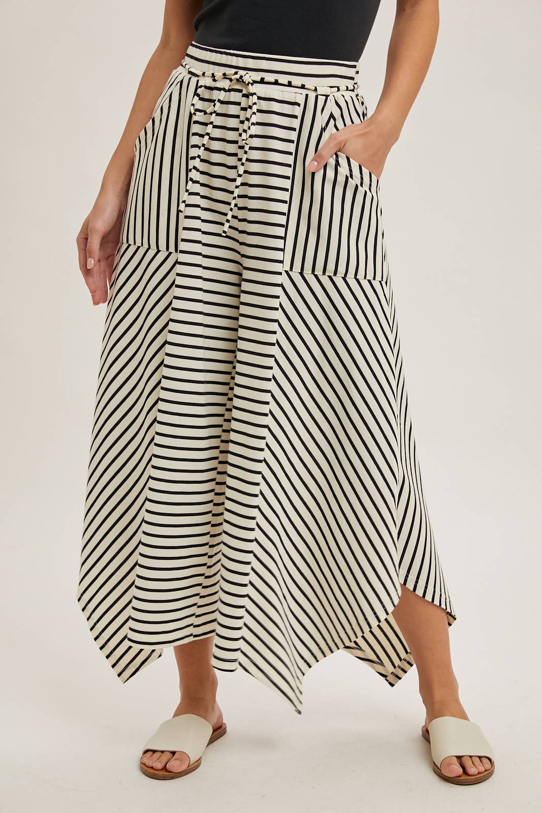 DRAWSTRING STRIPED WIDE LEG PALAZZO PANTS