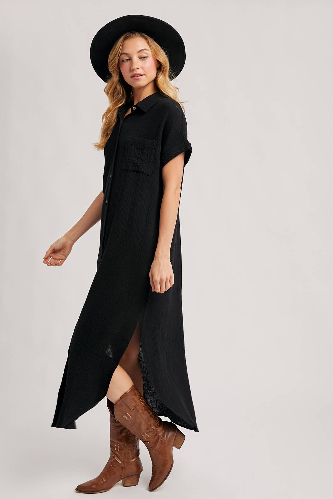 BUTTON UP MAXI SHIRT DRESS WITH POCKET