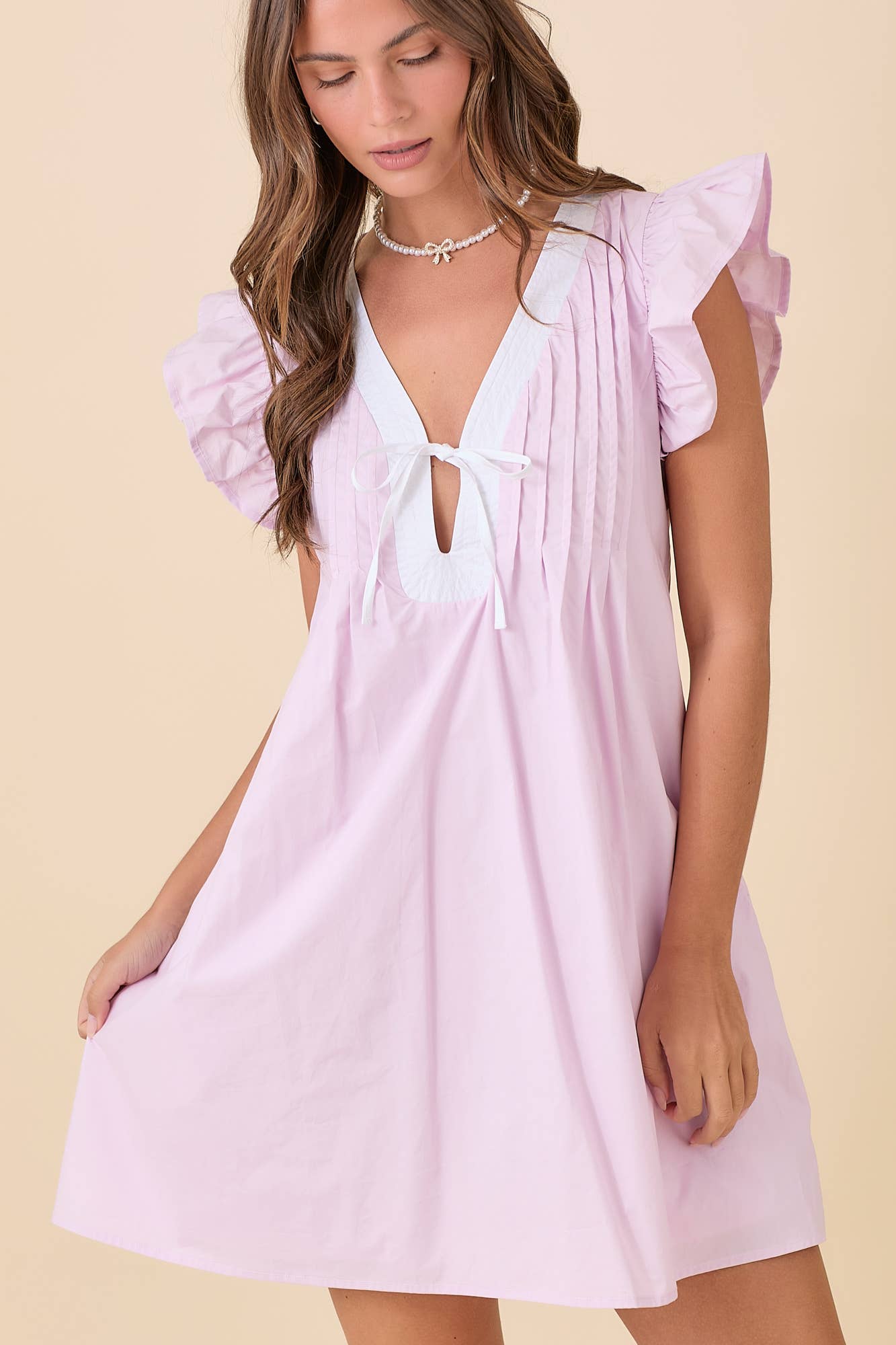Ruffle Sleeve Summer Mini Dress With Pin Tuck