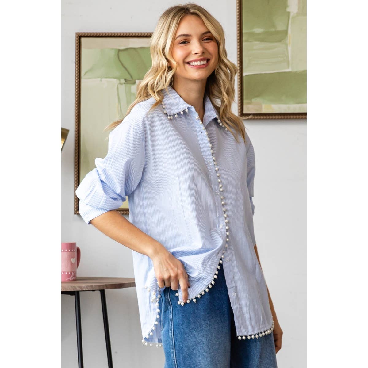 Pin stripe pearl trim dress shirt