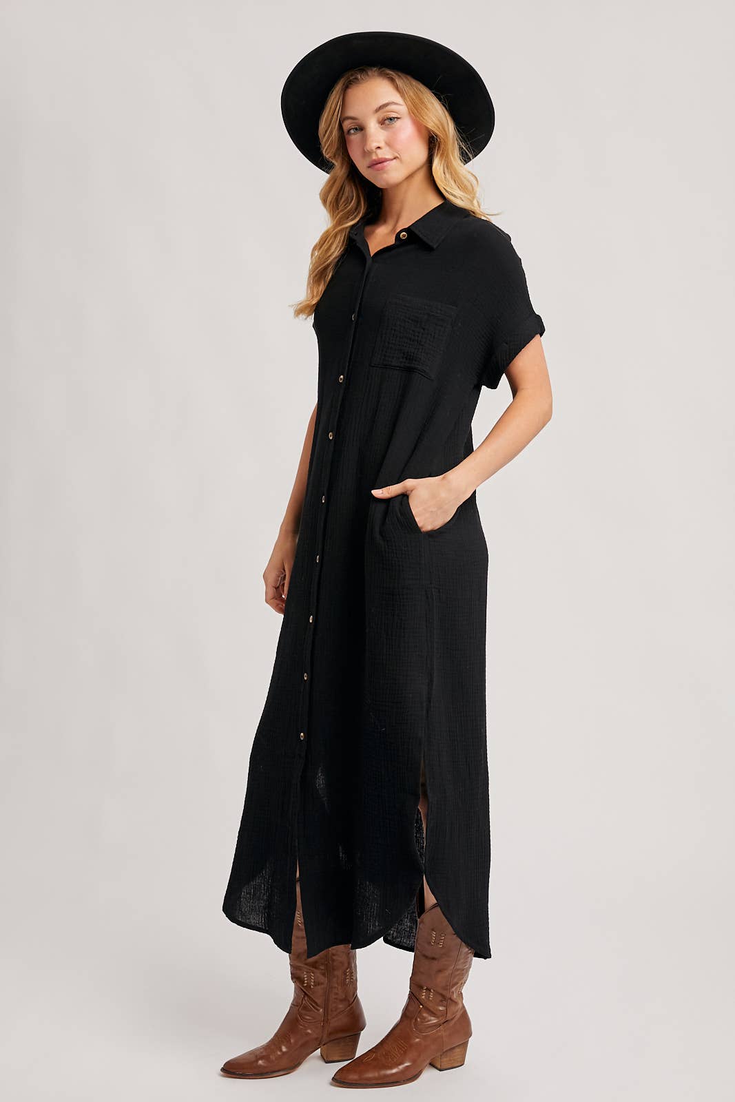 BUTTON UP MAXI SHIRT DRESS WITH POCKET