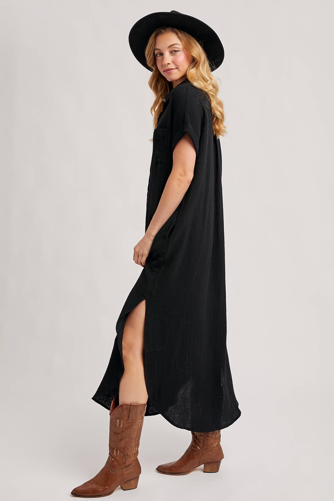 BUTTON UP MAXI SHIRT DRESS WITH POCKET