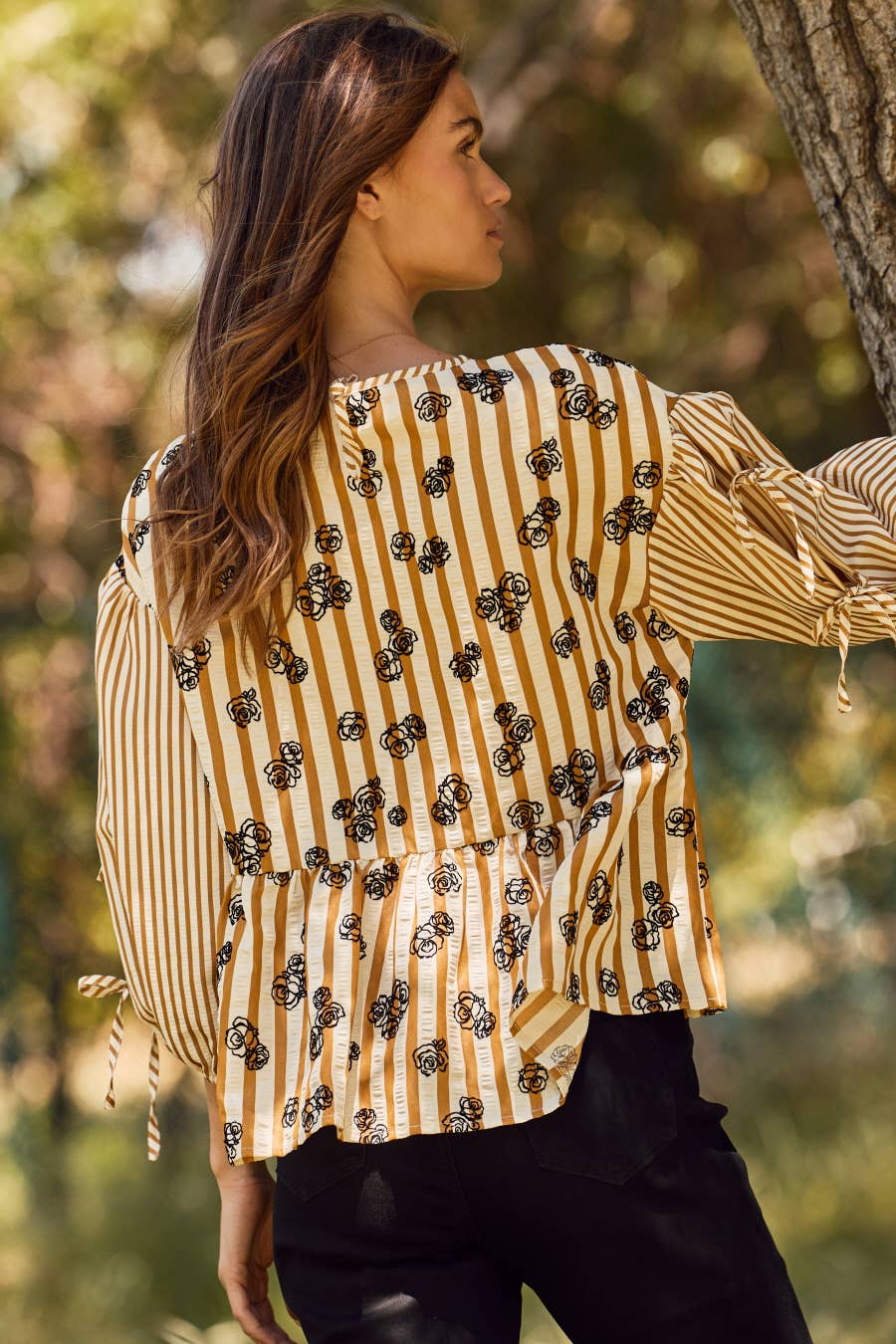 Flocked Floral Printed Striped Peplum Top
