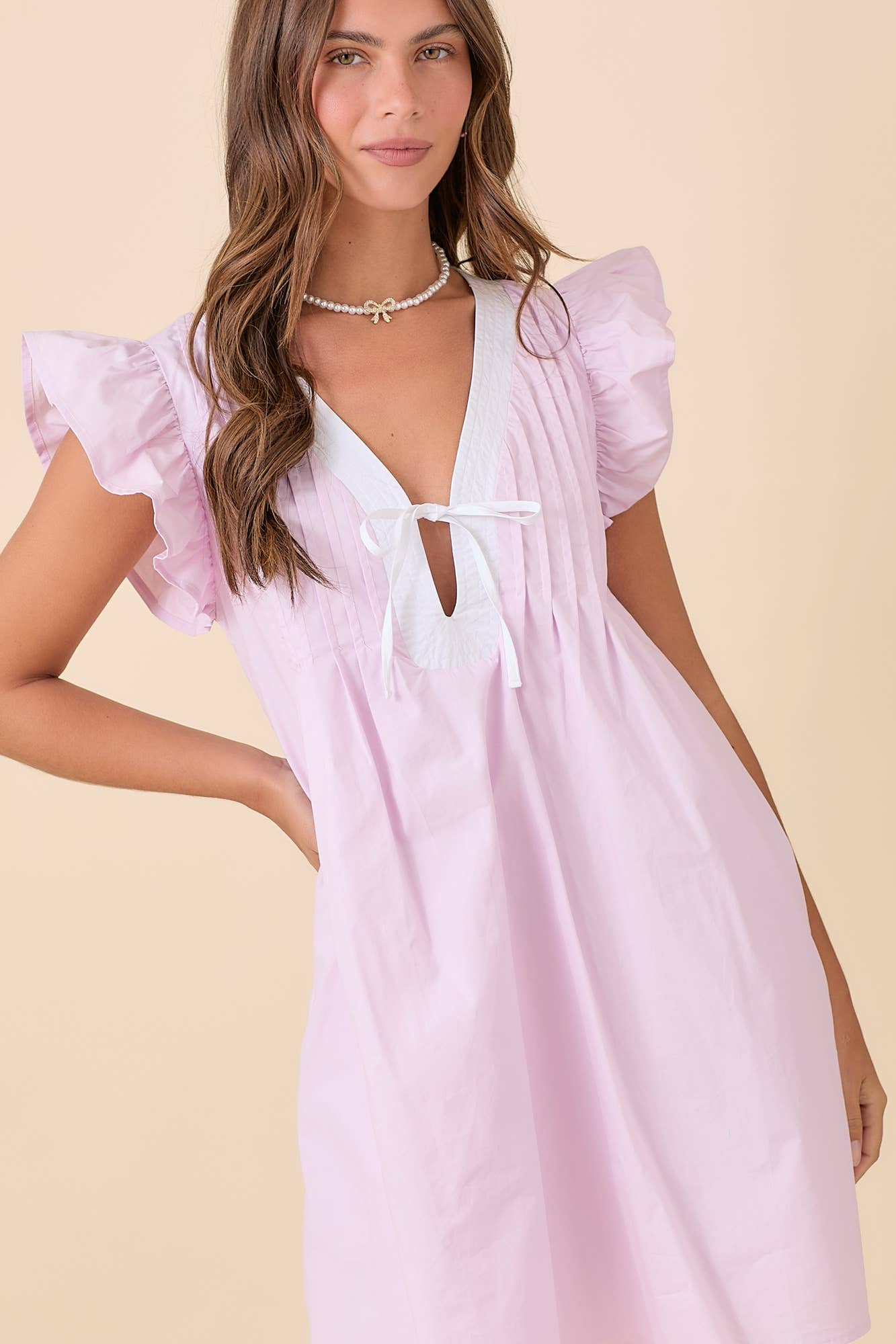 Ruffle Sleeve Summer Mini Dress With Pin Tuck