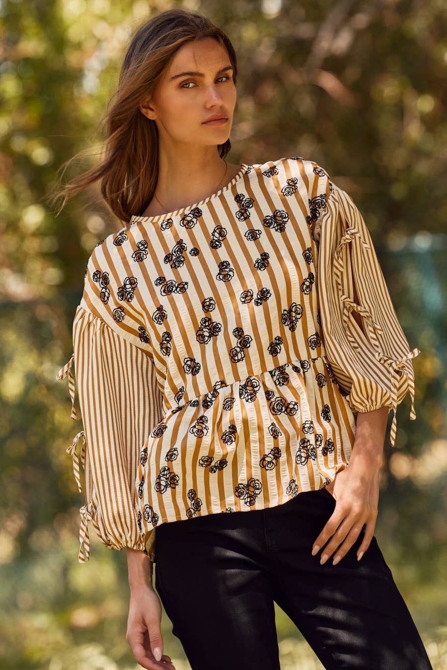 Flocked Floral Printed Striped Peplum Top