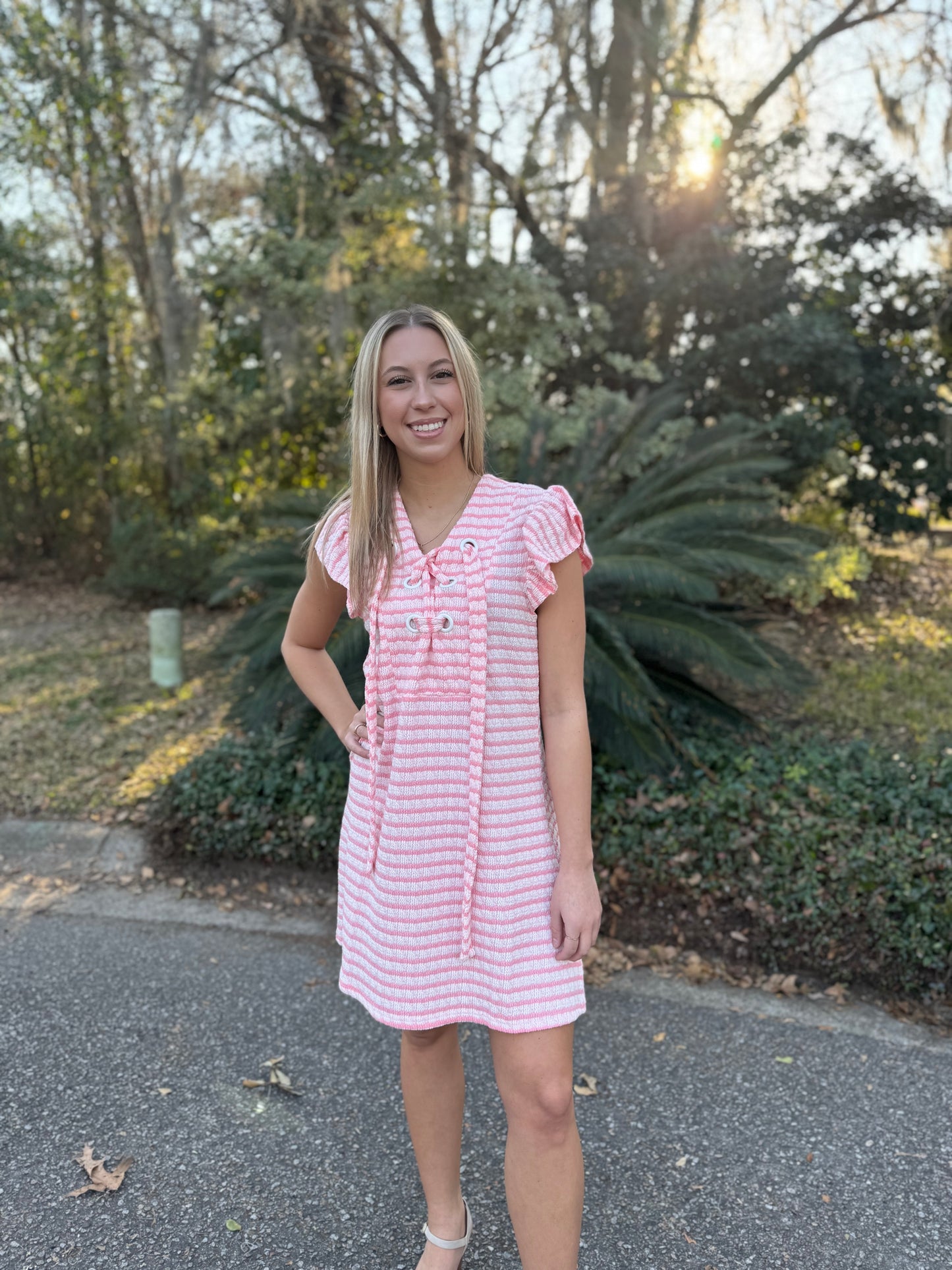 Coastal Charm Stripe Ruffle Sleeve Dress