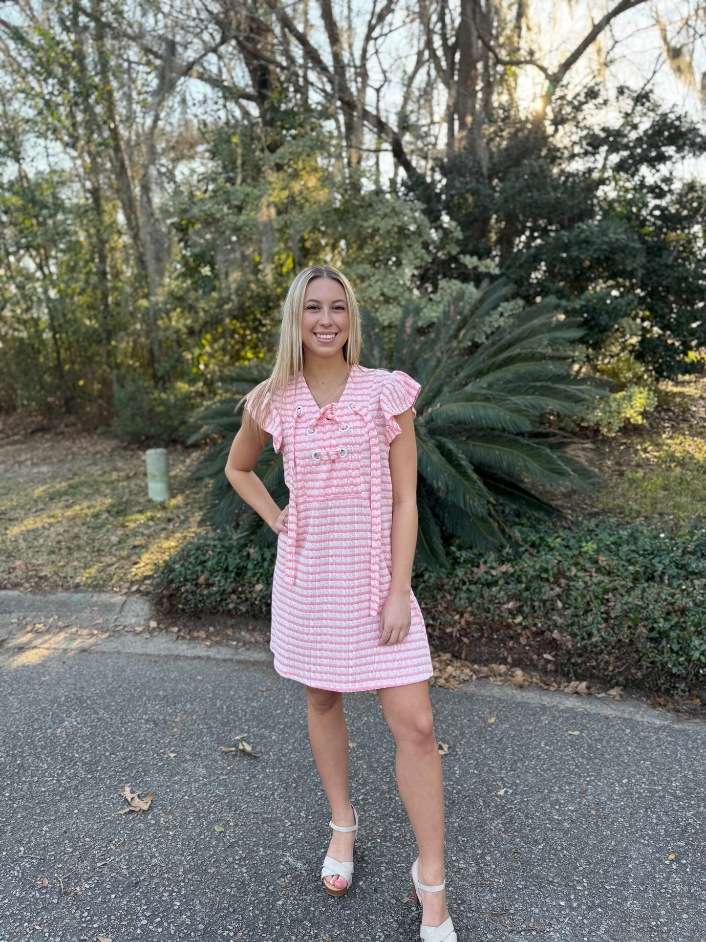 Coastal Charm Stripe Ruffle Sleeve Dress