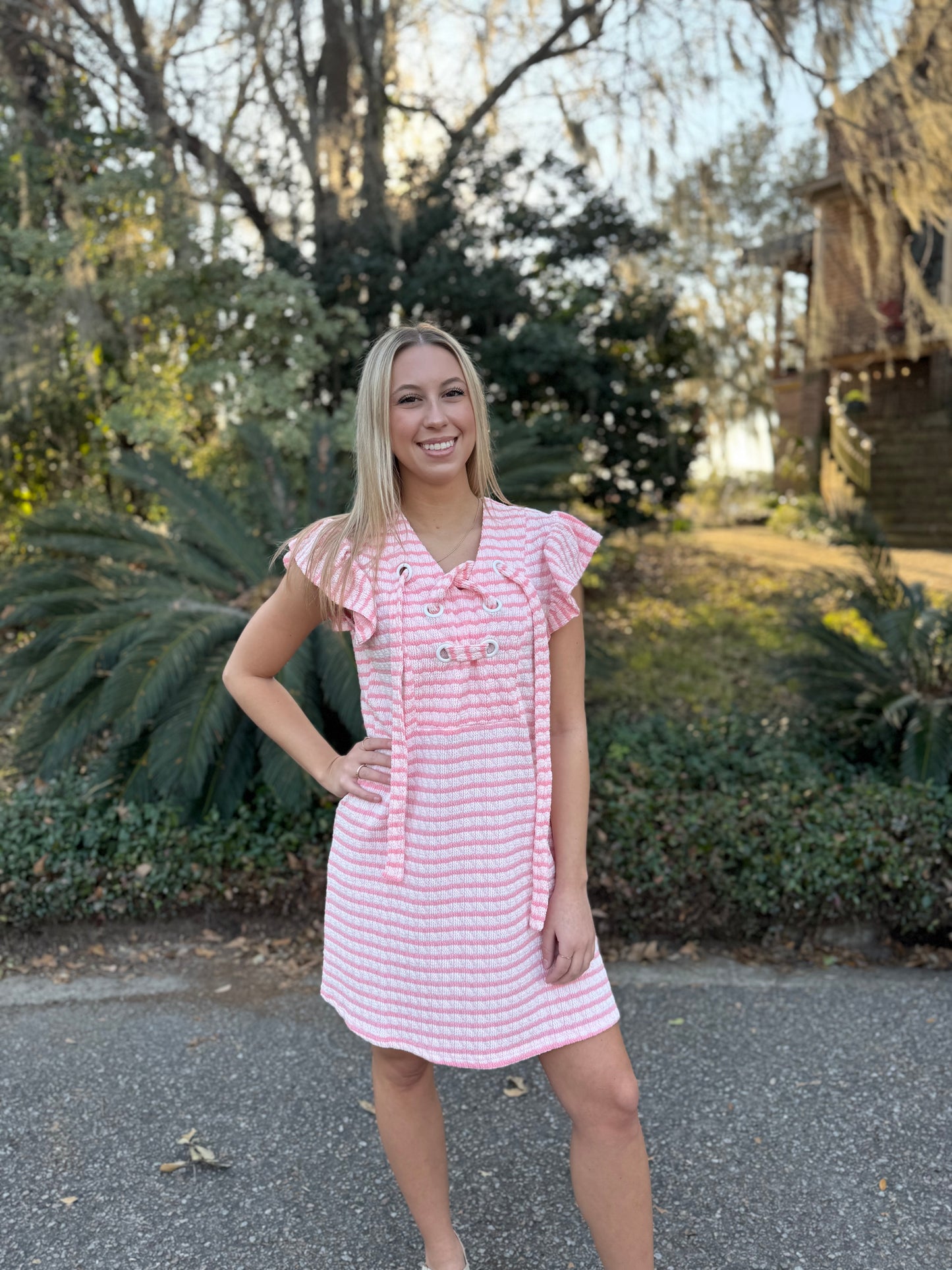 Coastal Charm Stripe Ruffle Sleeve Dress