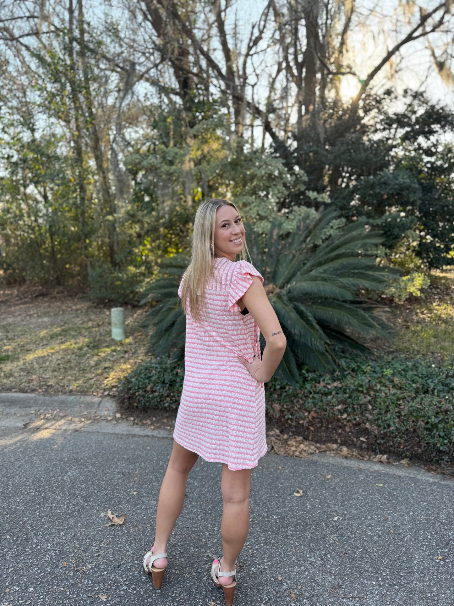 Coastal Charm Stripe Ruffle Sleeve Dress