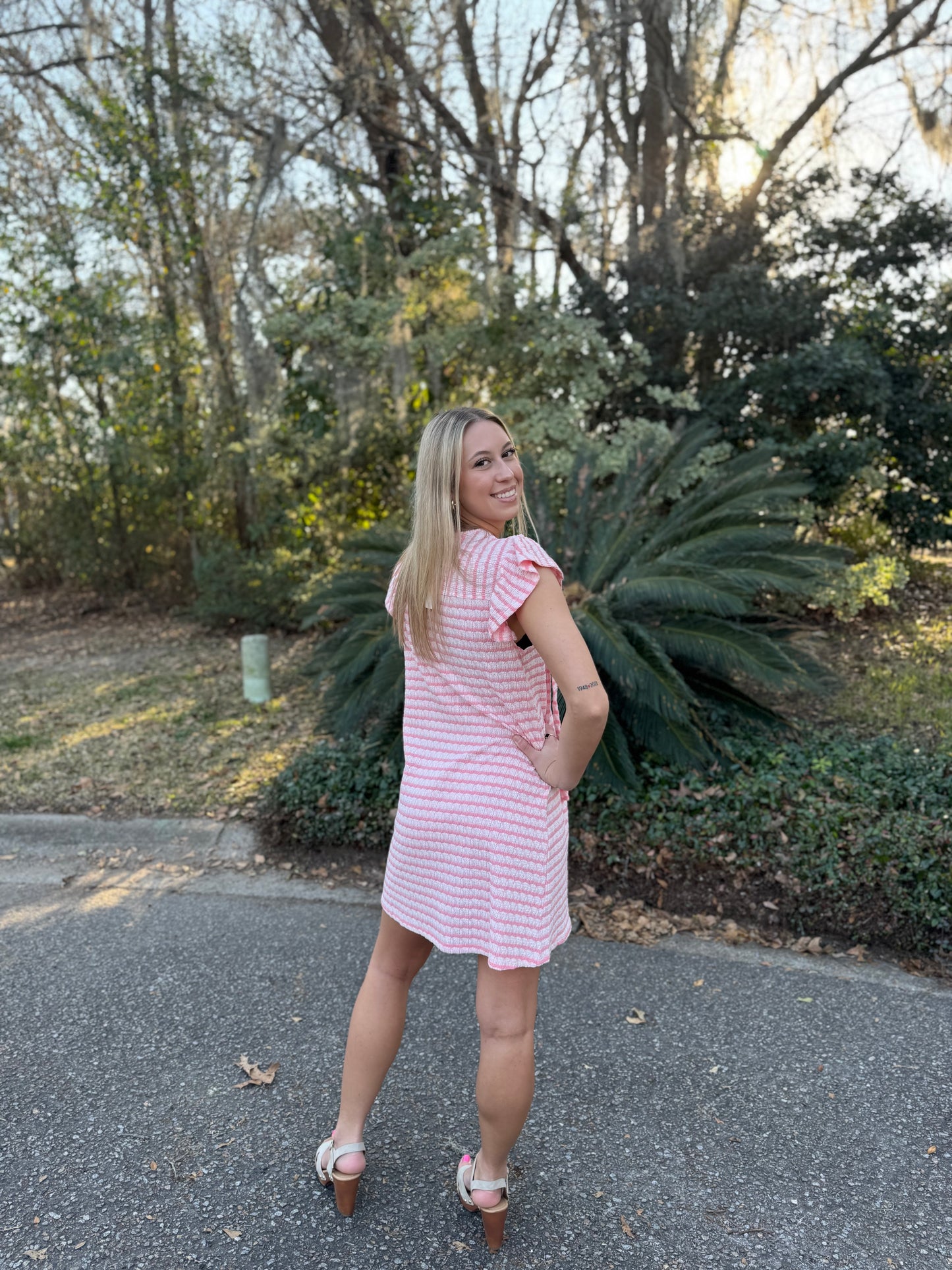 Coastal Charm Stripe Ruffle Sleeve Dress