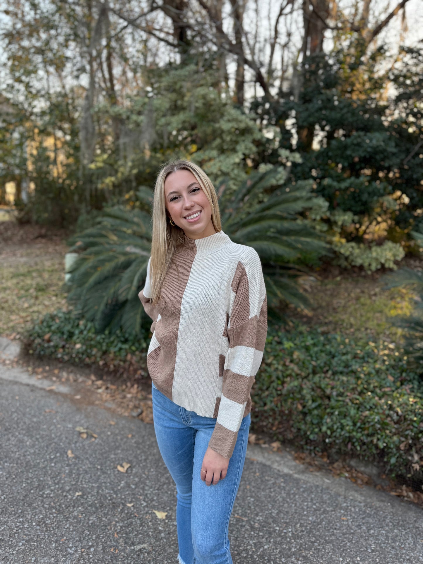 Color Block Mock Neck Sweater