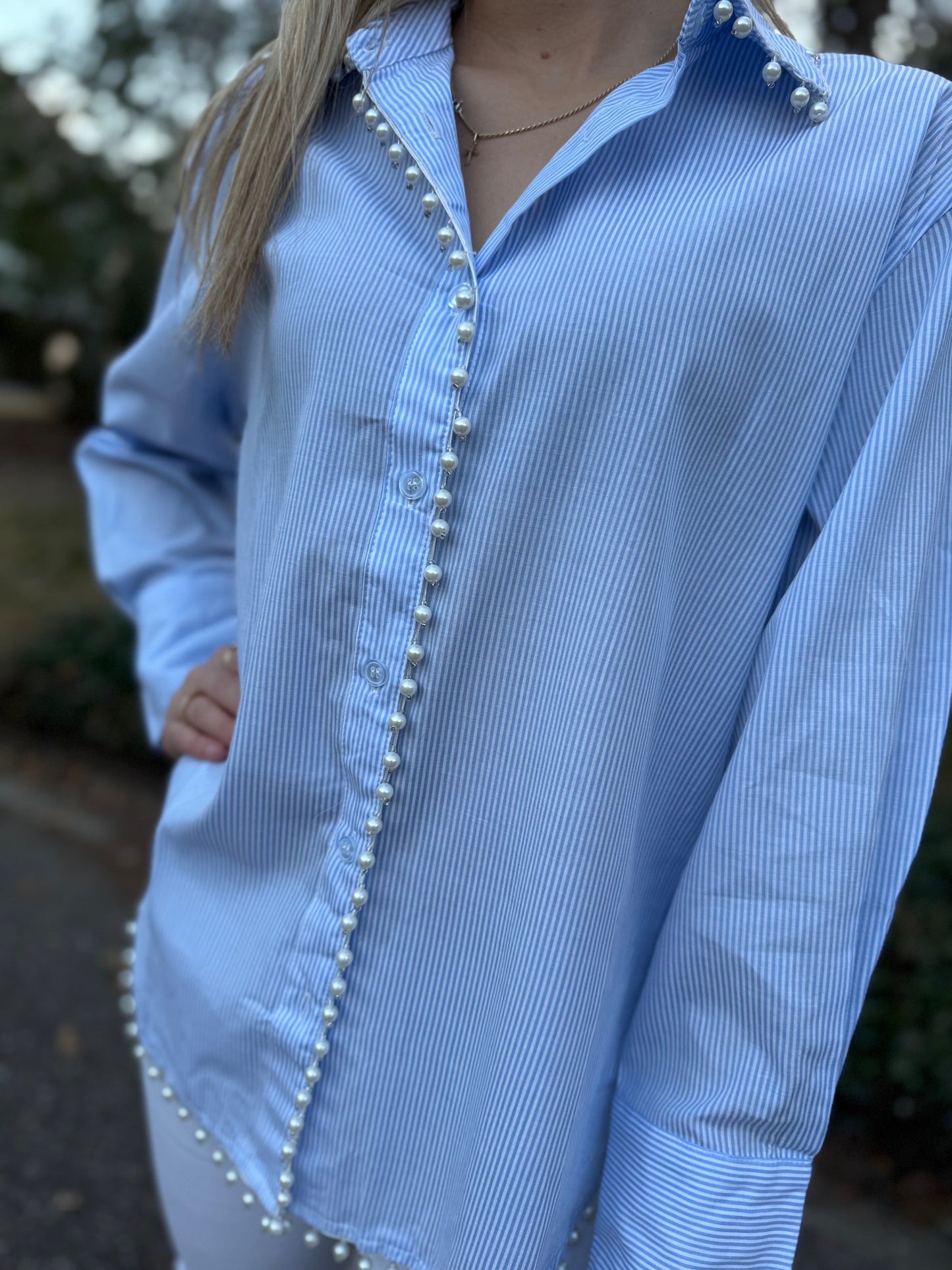 Pin stripe pearl trim dress shirt