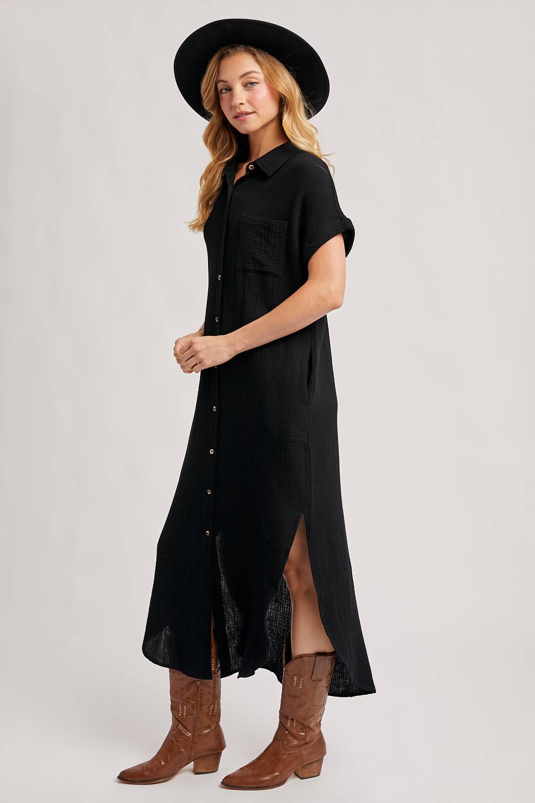 BUTTON UP MAXI SHIRT DRESS WITH POCKET