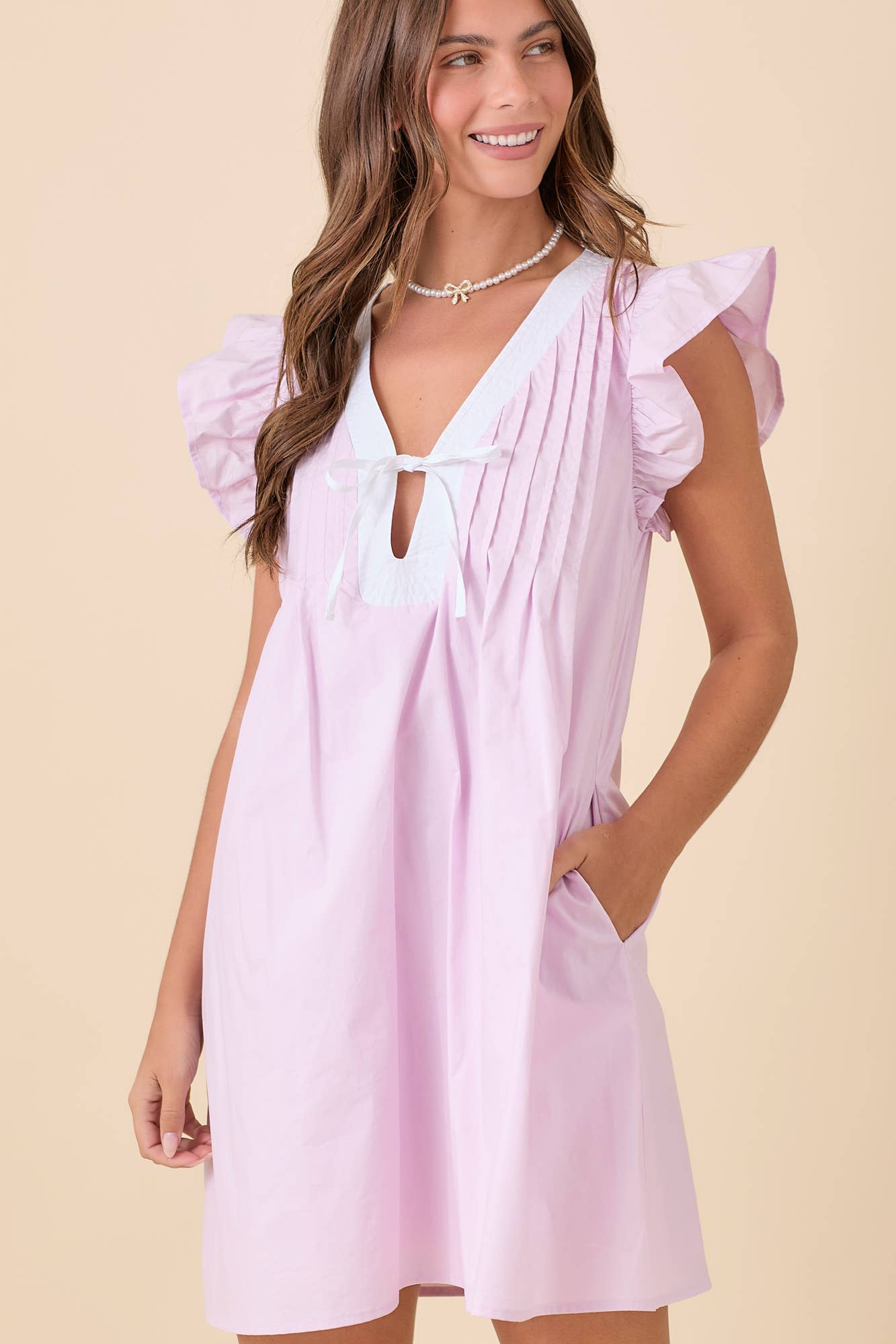 Ruffle Sleeve Summer Mini Dress With Pin Tuck