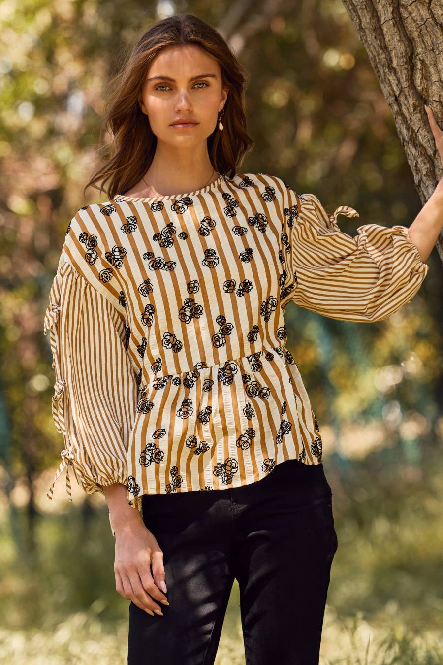 Flocked Floral Printed Striped Peplum Top