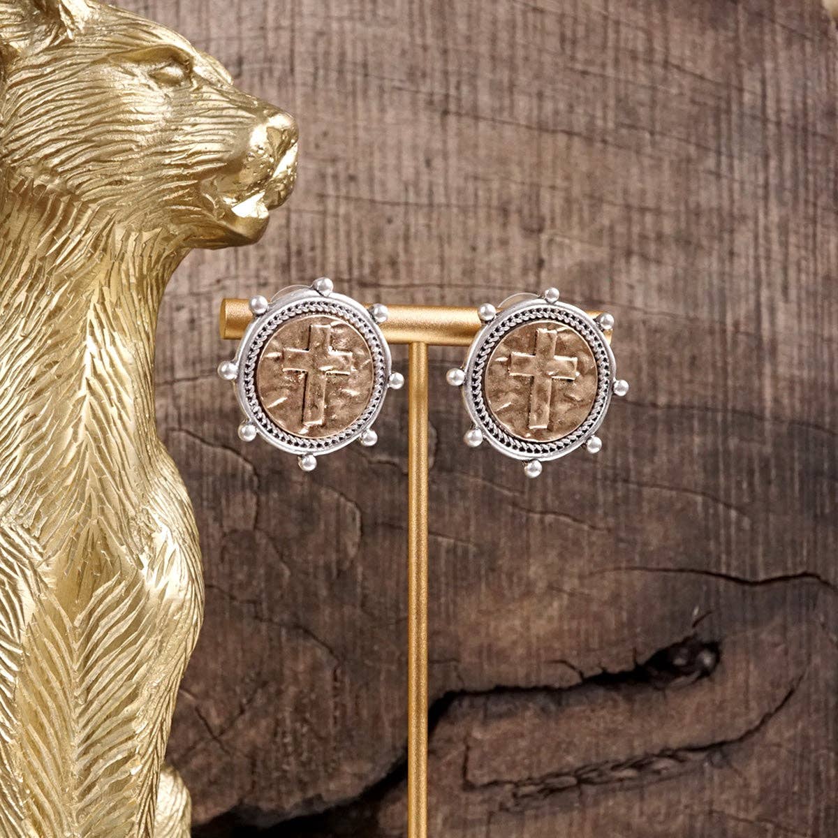 Divine Duo – Two-Tone Cross Coin Stud Earrings