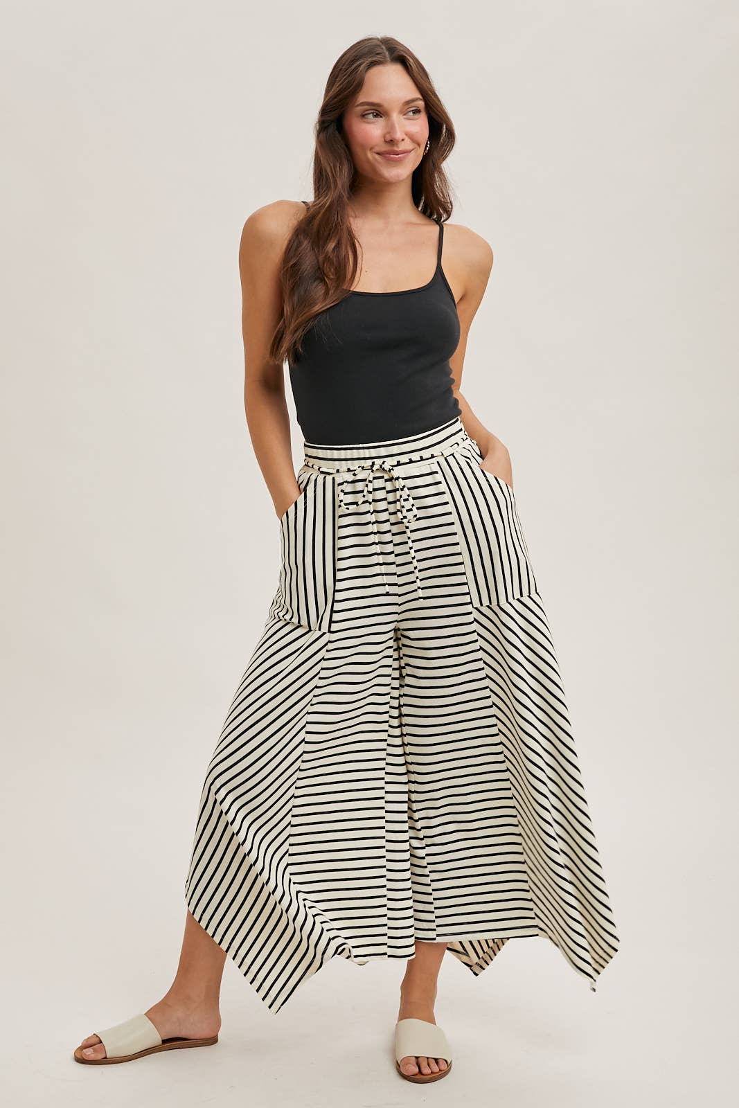 DRAWSTRING STRIPED WIDE LEG PALAZZO PANTS