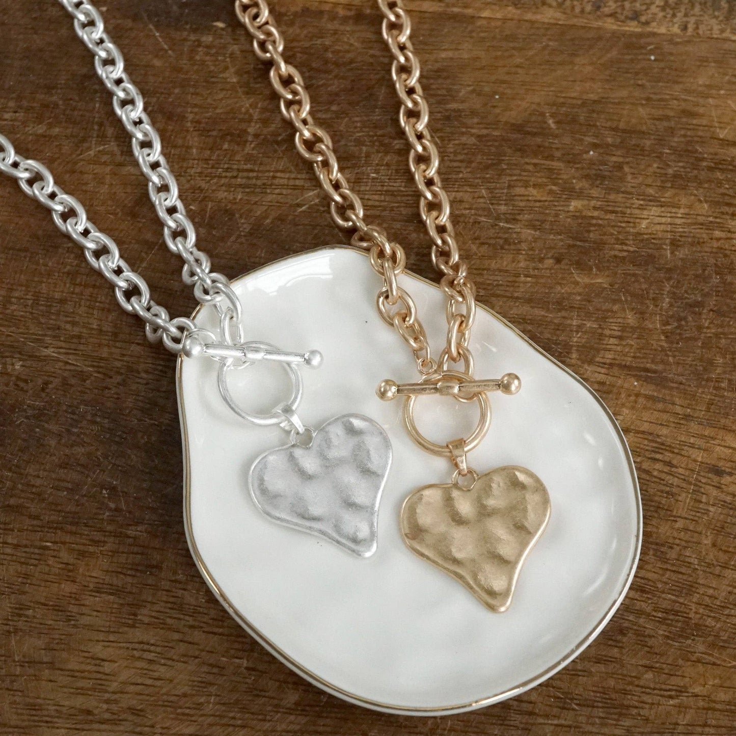 Boho Hammered Heart Front Toggle Necklace Silver