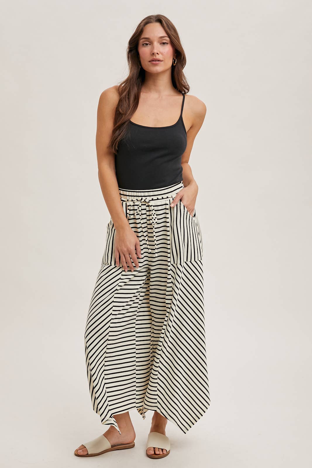 DRAWSTRING STRIPED WIDE LEG PALAZZO PANTS