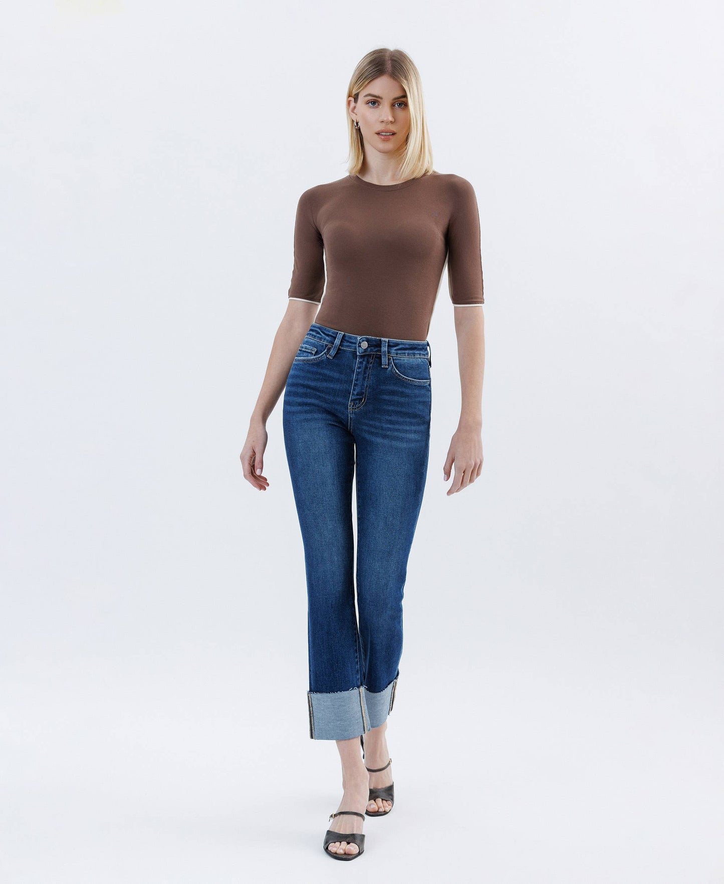 HIGH RISE CUFFED SLIM STRAIGHT JEANS