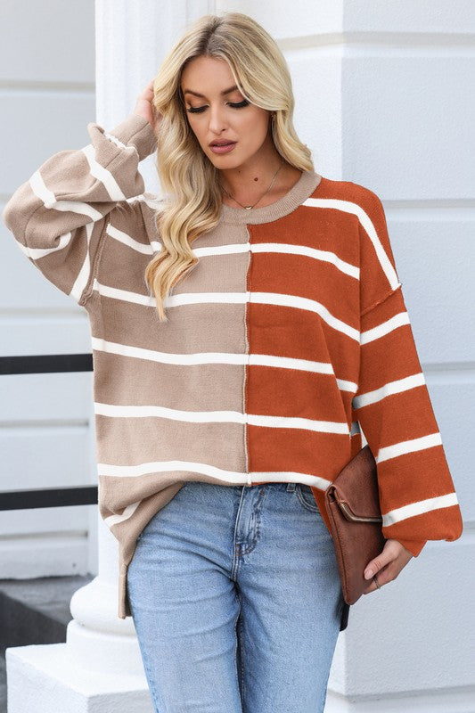 Brown Striped Dropped Shoulder Sweater