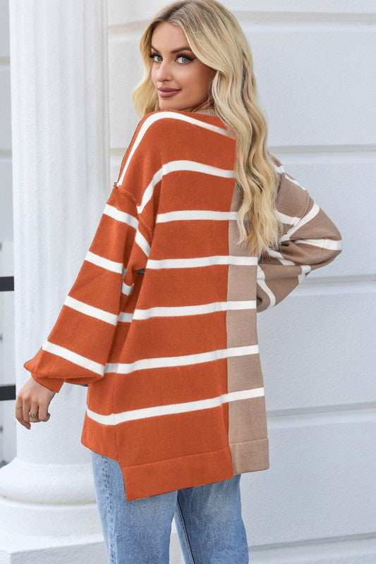 Brown Striped Dropped Shoulder Sweater