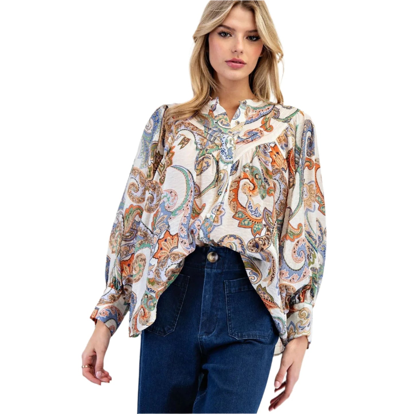 Paisley Printed Bubble Sleeve Top