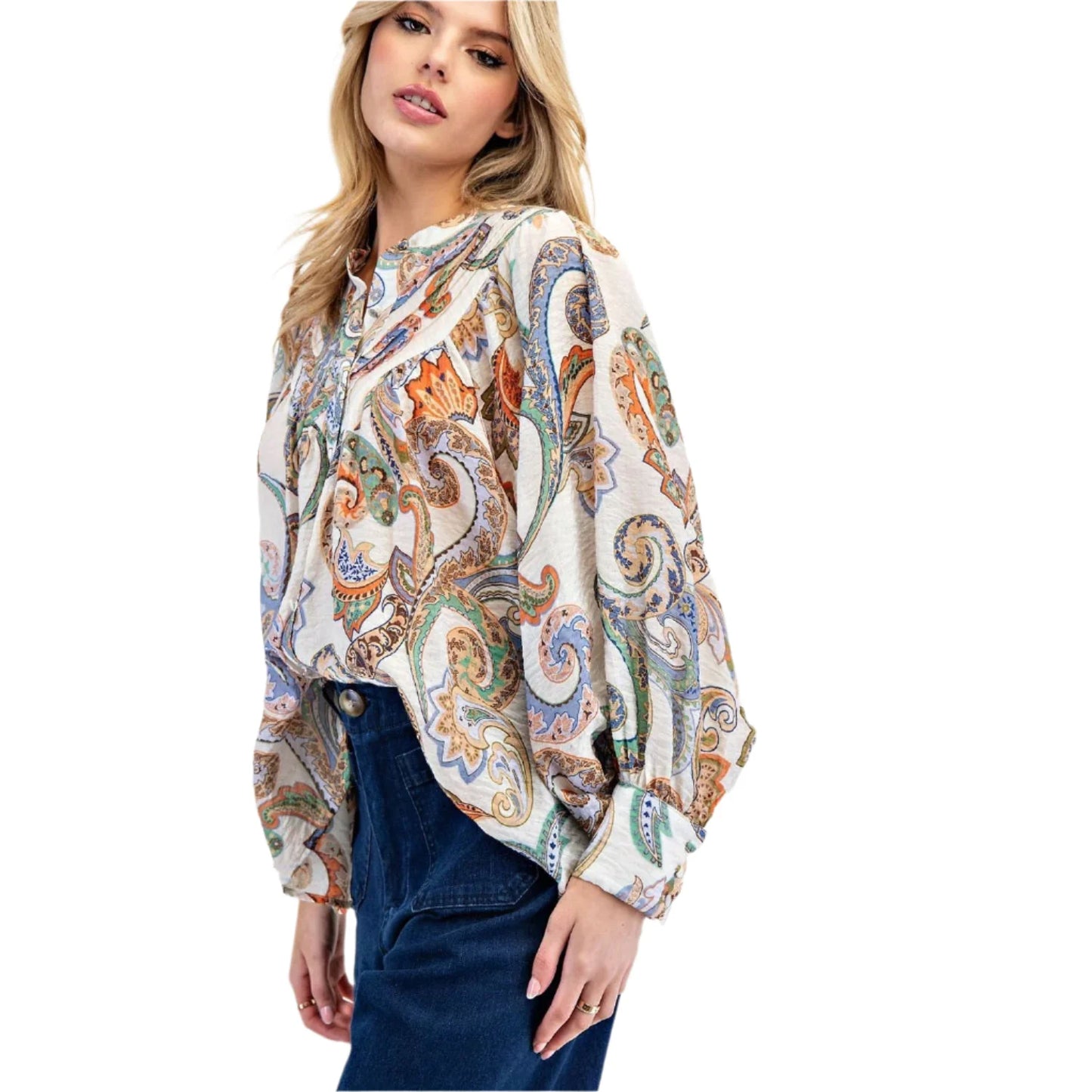 Paisley Printed Bubble Sleeve Top