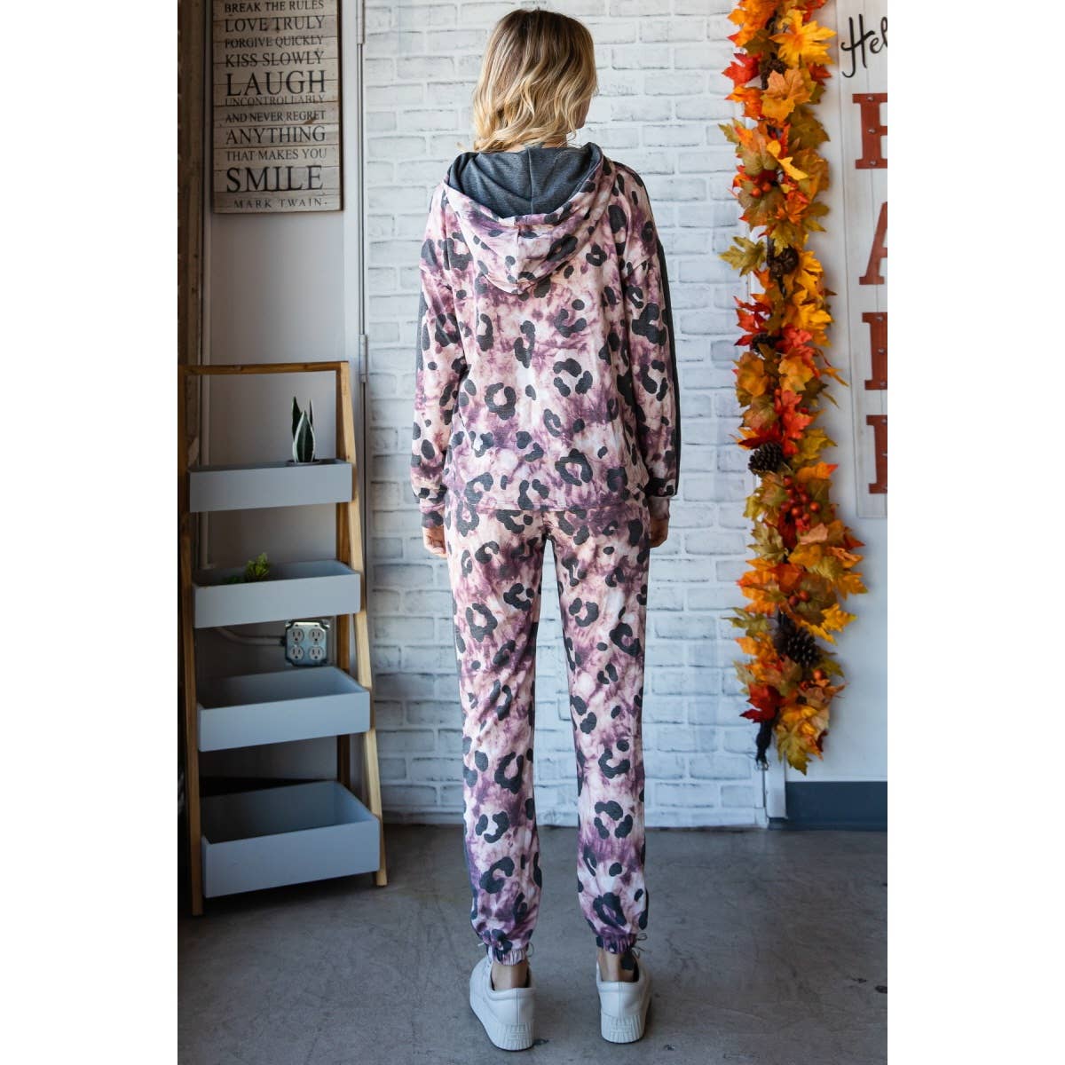 Animal Print Hoodie Top and Sweat Pants Set