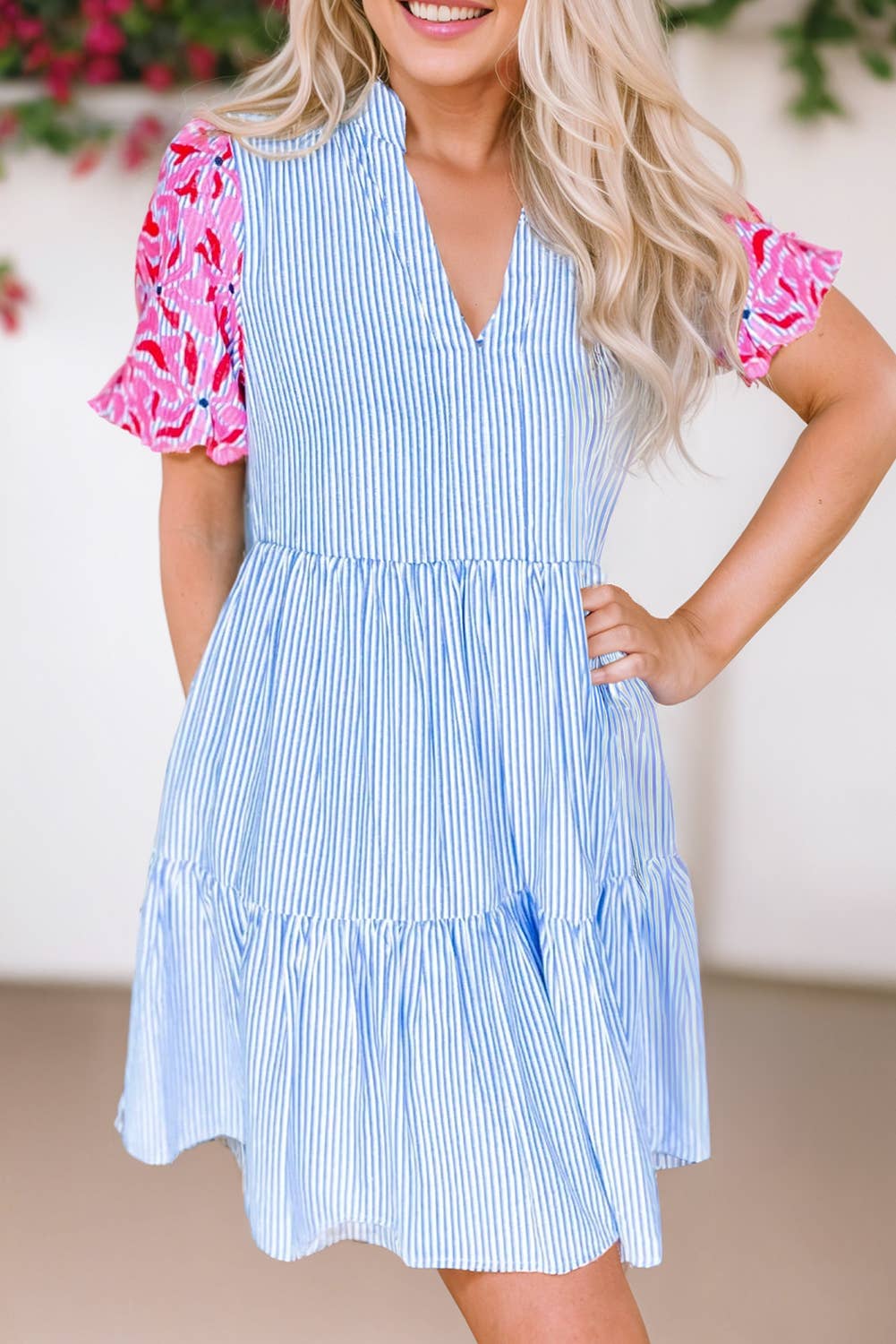 Women Stripe Floral Print Puff Sleeve Tiered Dress | S-XL