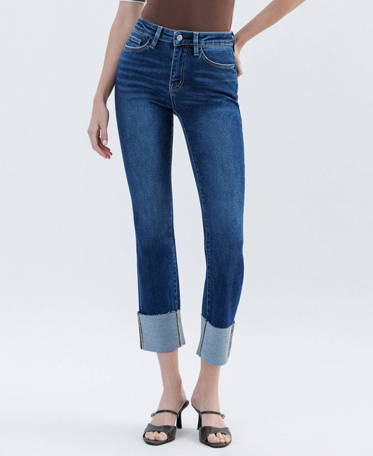 HIGH RISE CUFFED SLIM STRAIGHT JEANS