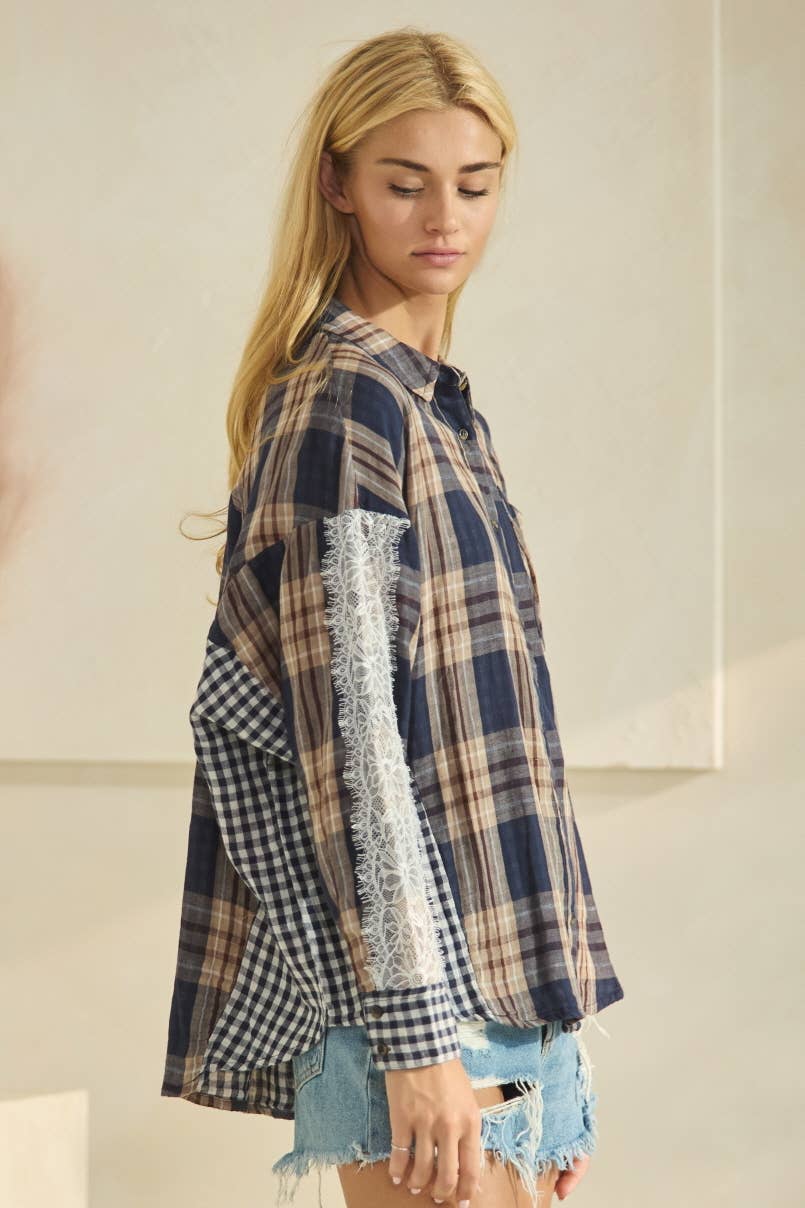 Mixed Contrast Plaid Oversized Shirt