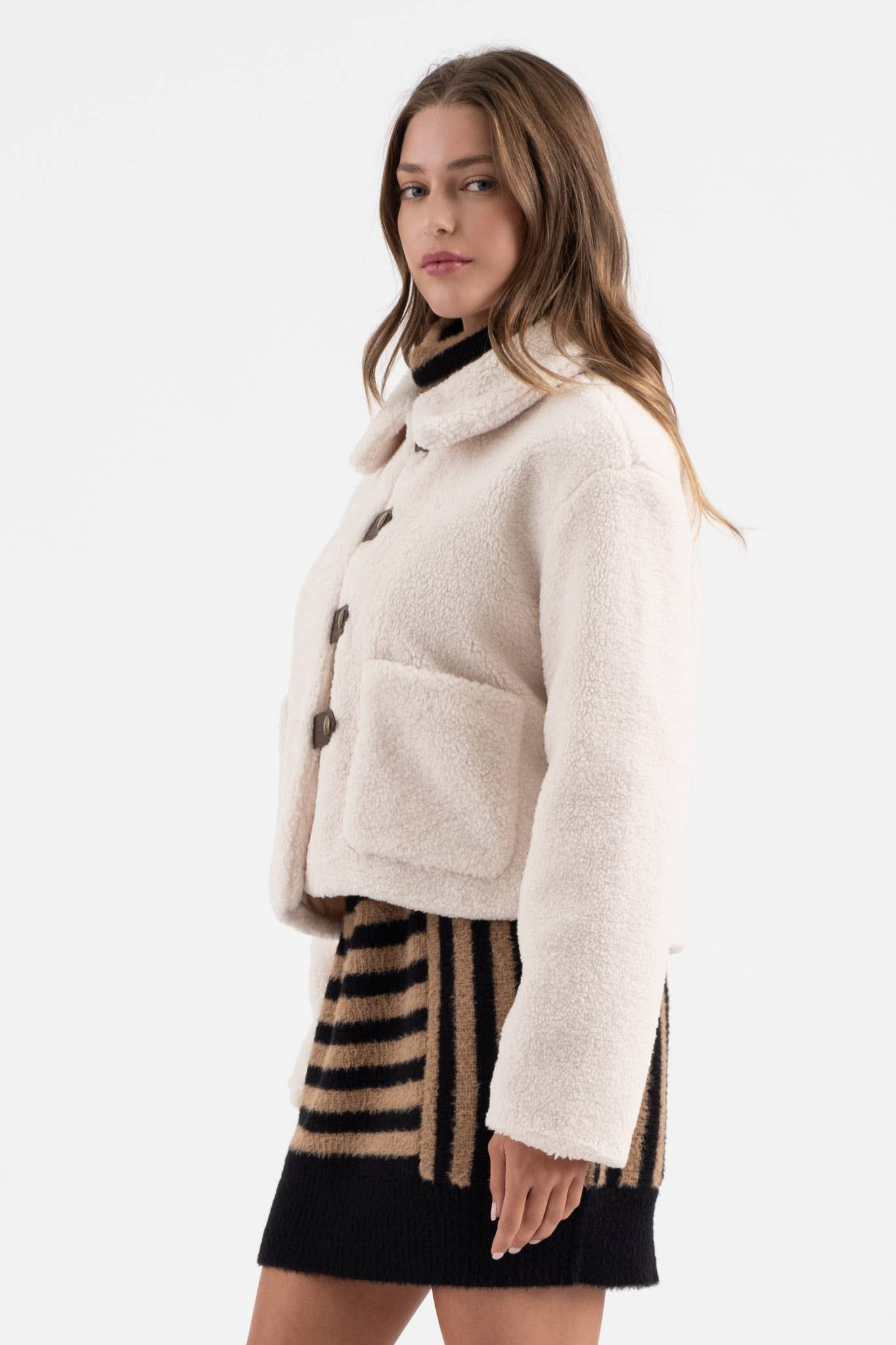 COLLARED TAB BUTTON DOWN TEDDY JACKET