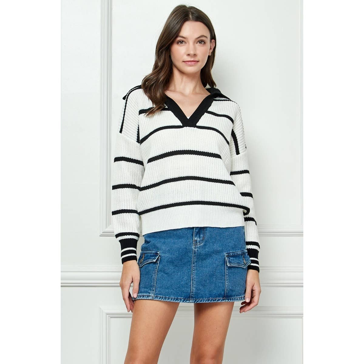 Stripe Knit Marine Collared V-neck Sweater