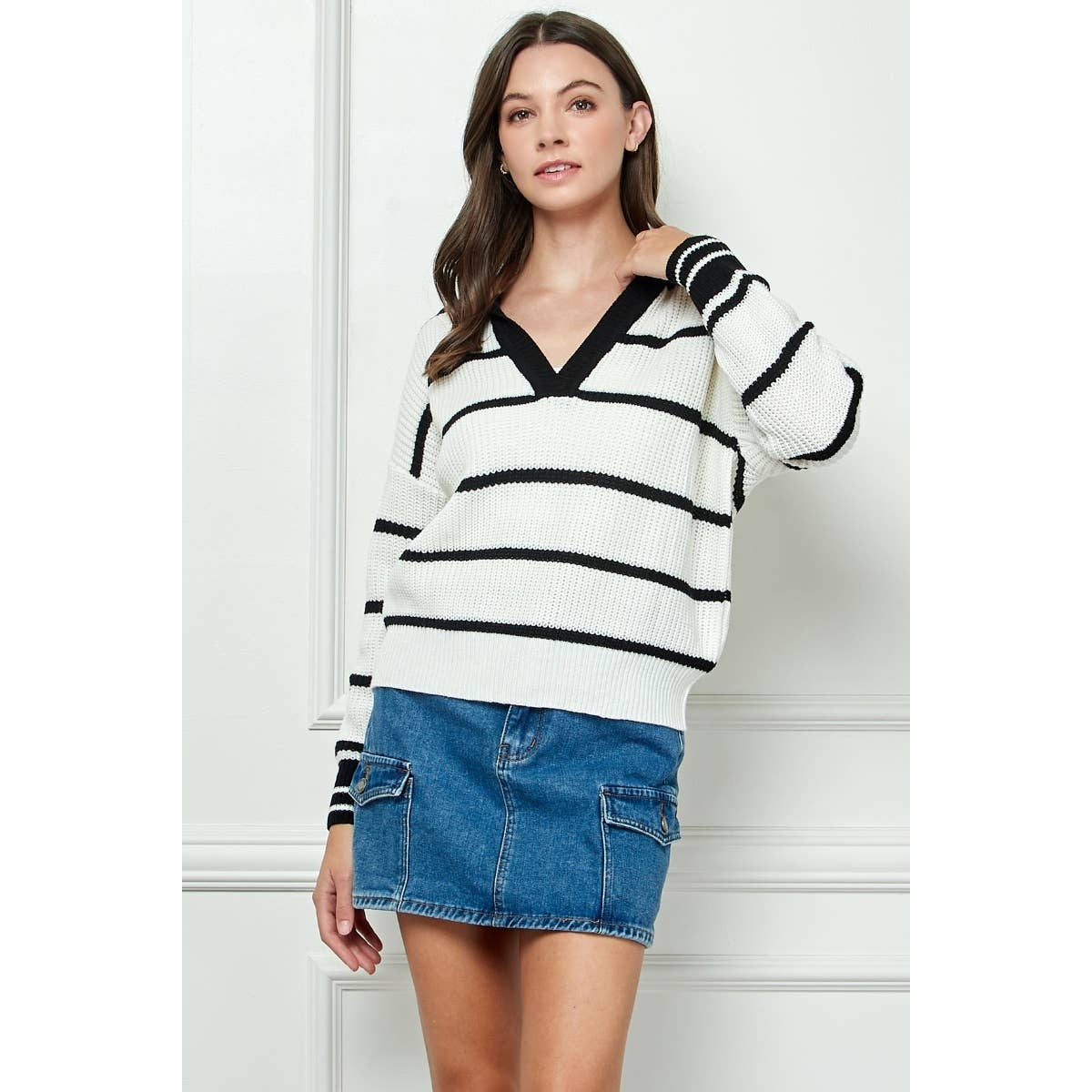 Stripe Knit Marine Collared V-neck Sweater