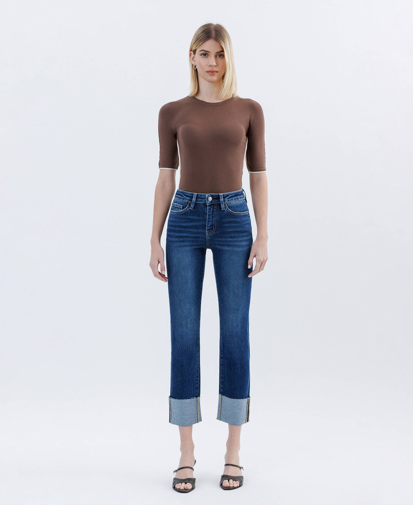 HIGH RISE CUFFED SLIM STRAIGHT JEANS
