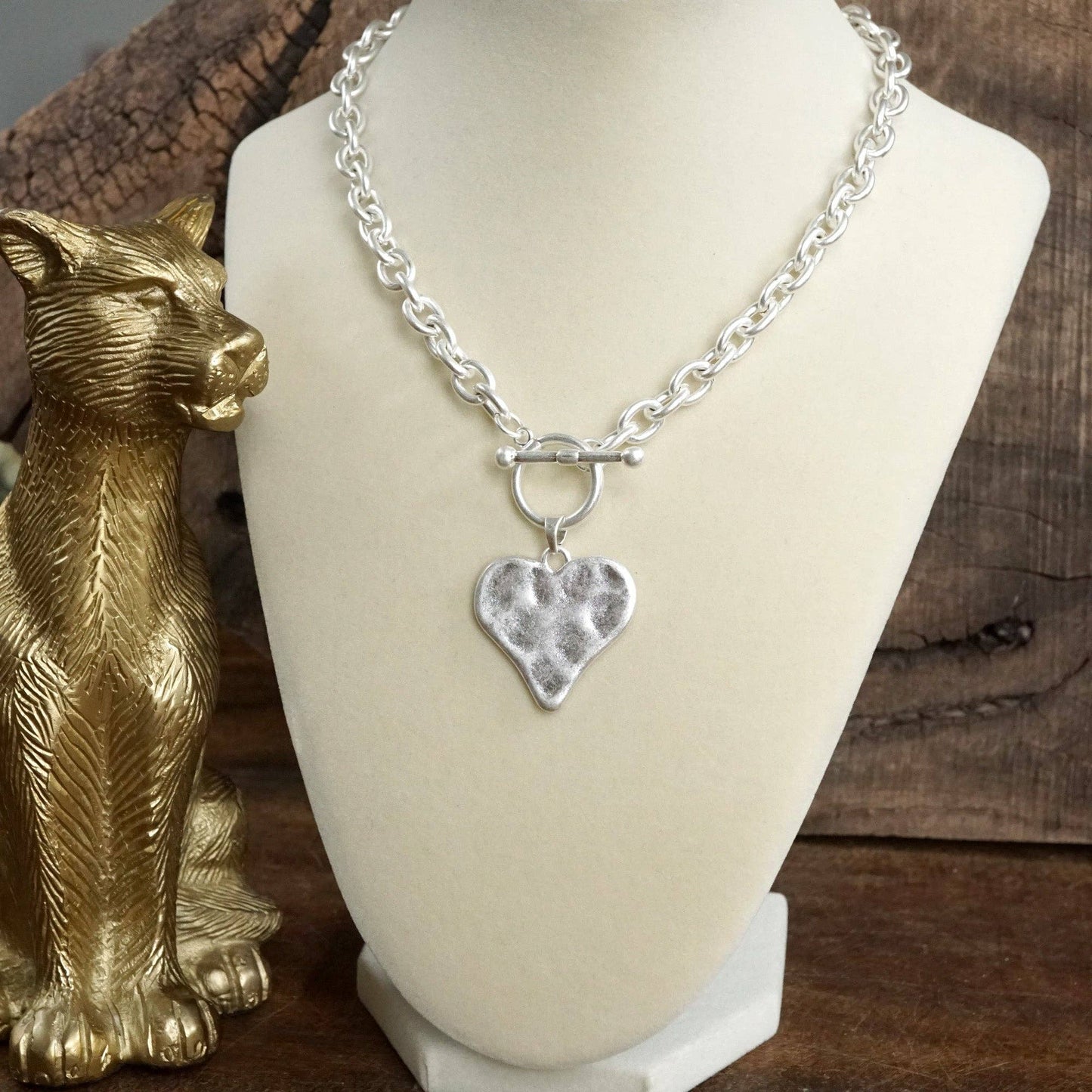 Boho Hammered Heart Front Toggle Necklace  Silver